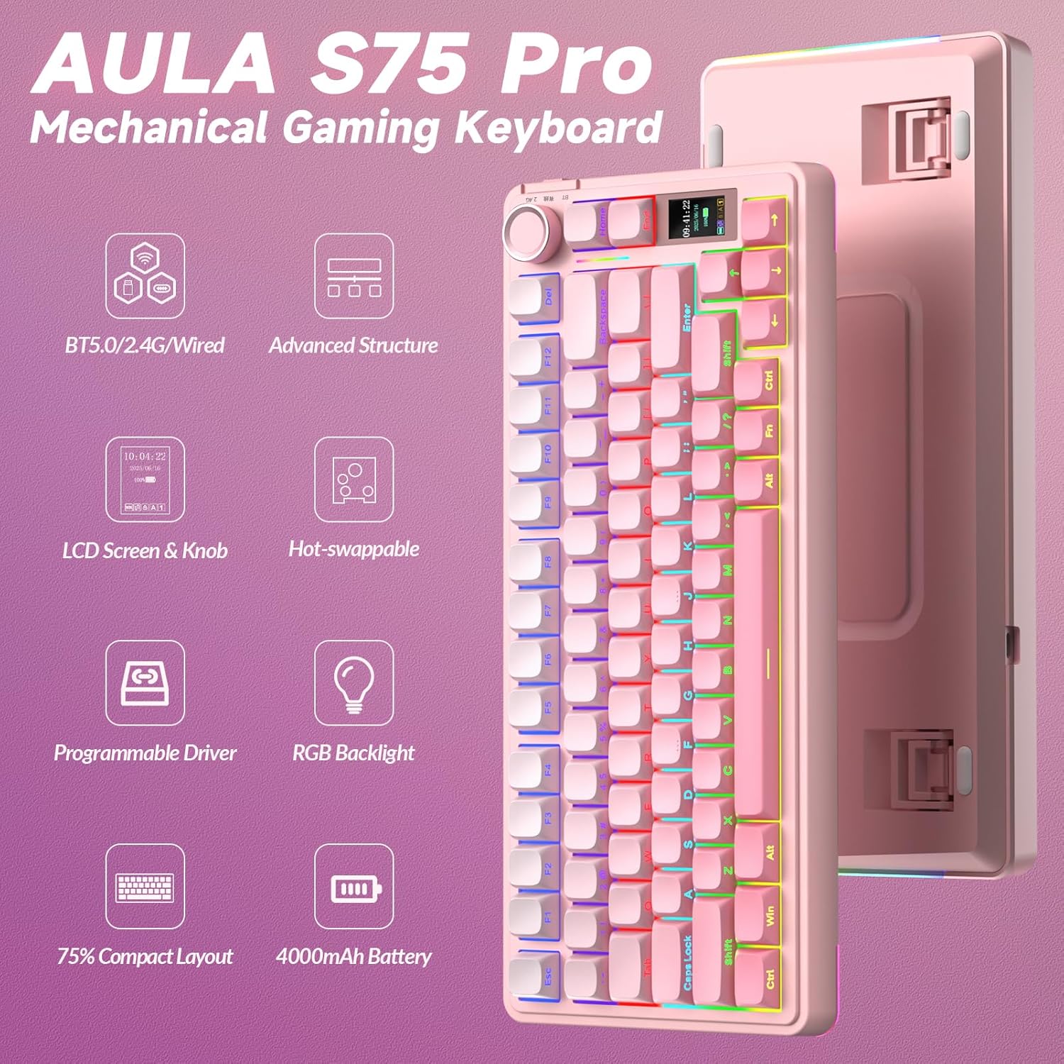 Thumbnail 1 de AULA S75 Pro Gaming Tastatur 75 Prozent – Kabelgebunden, Bluetooth 5.0, 2.4G, Display & Hot Swap
