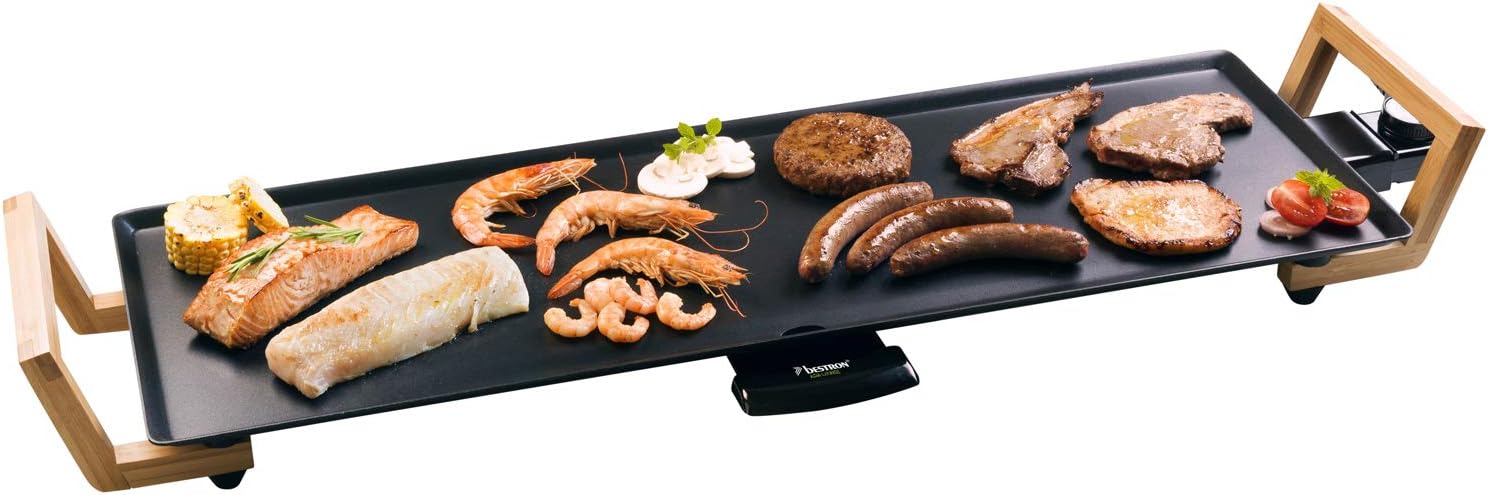 Detalle 2 de Bestron ABP602BB piastra elettrica per grigliare Asia Lounge da tavolo, antiaderente (nero/legno)