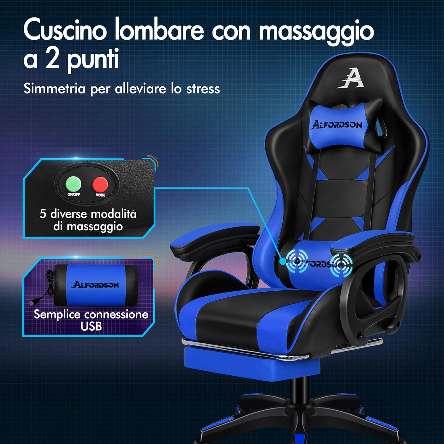Detalle de ALFORDSON Sedia da Gaming Massaggiante con Poggiapiedi Telescopico: Ergonomia, massaggio e stile per sessioni prolungate