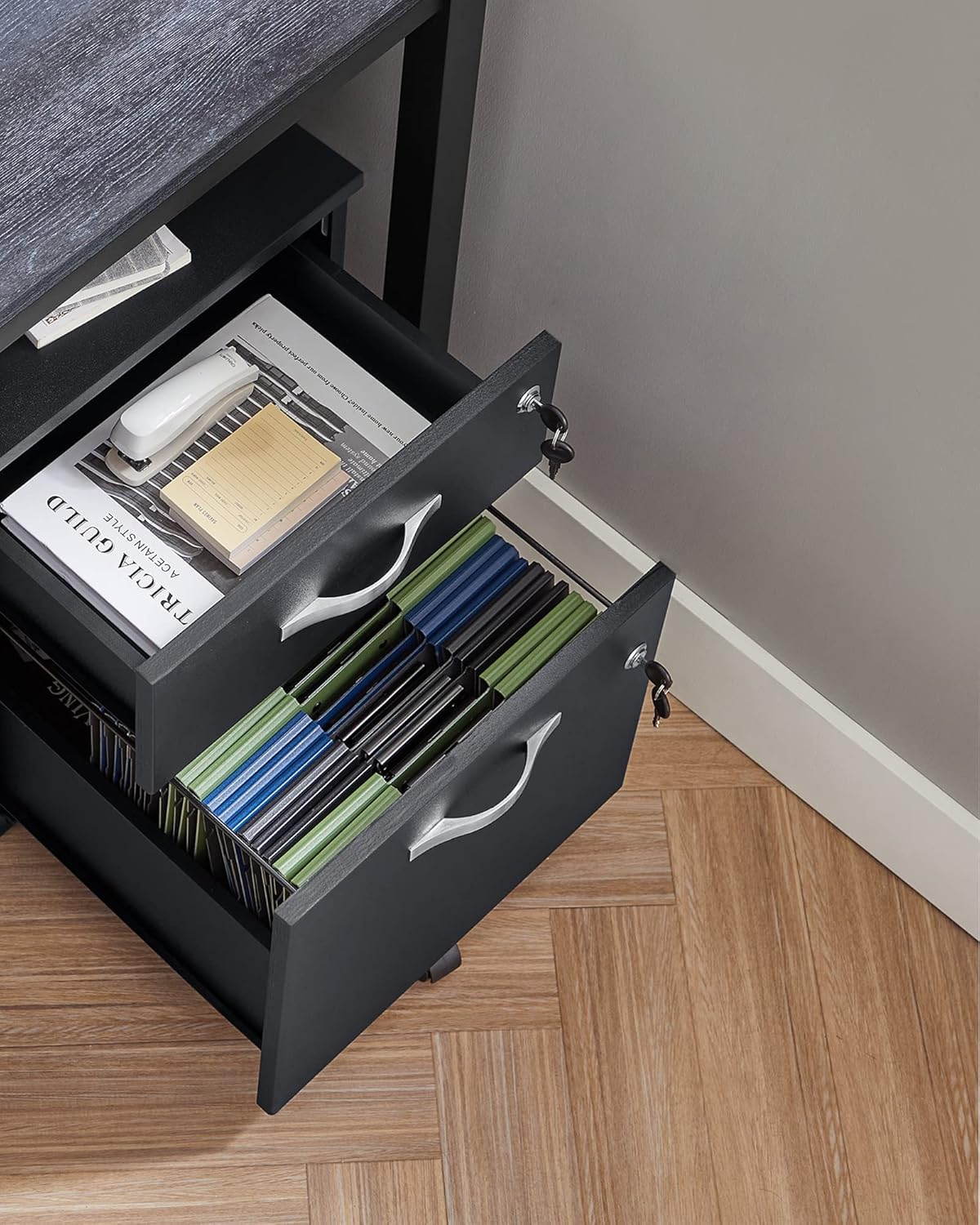 Thumbnail 5 de VASAGLE Rollcontainer abschließbar mit 2 Schubladen und 5 Rollen – verstellbare Hängestangen, A4/Letter, Tintenschwarz LCD22BV1