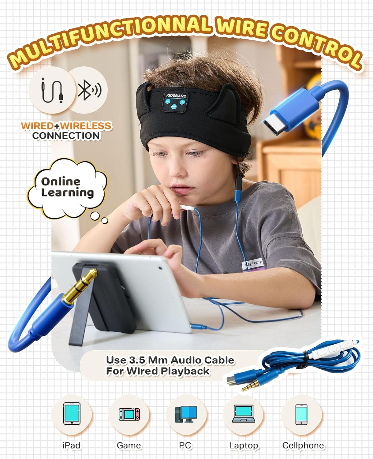 Detalle 1 de KIDSBAND KIDS01 Kids Headband Headphones, Foldable, Adjustable, Bluetooth and 3.5 mm