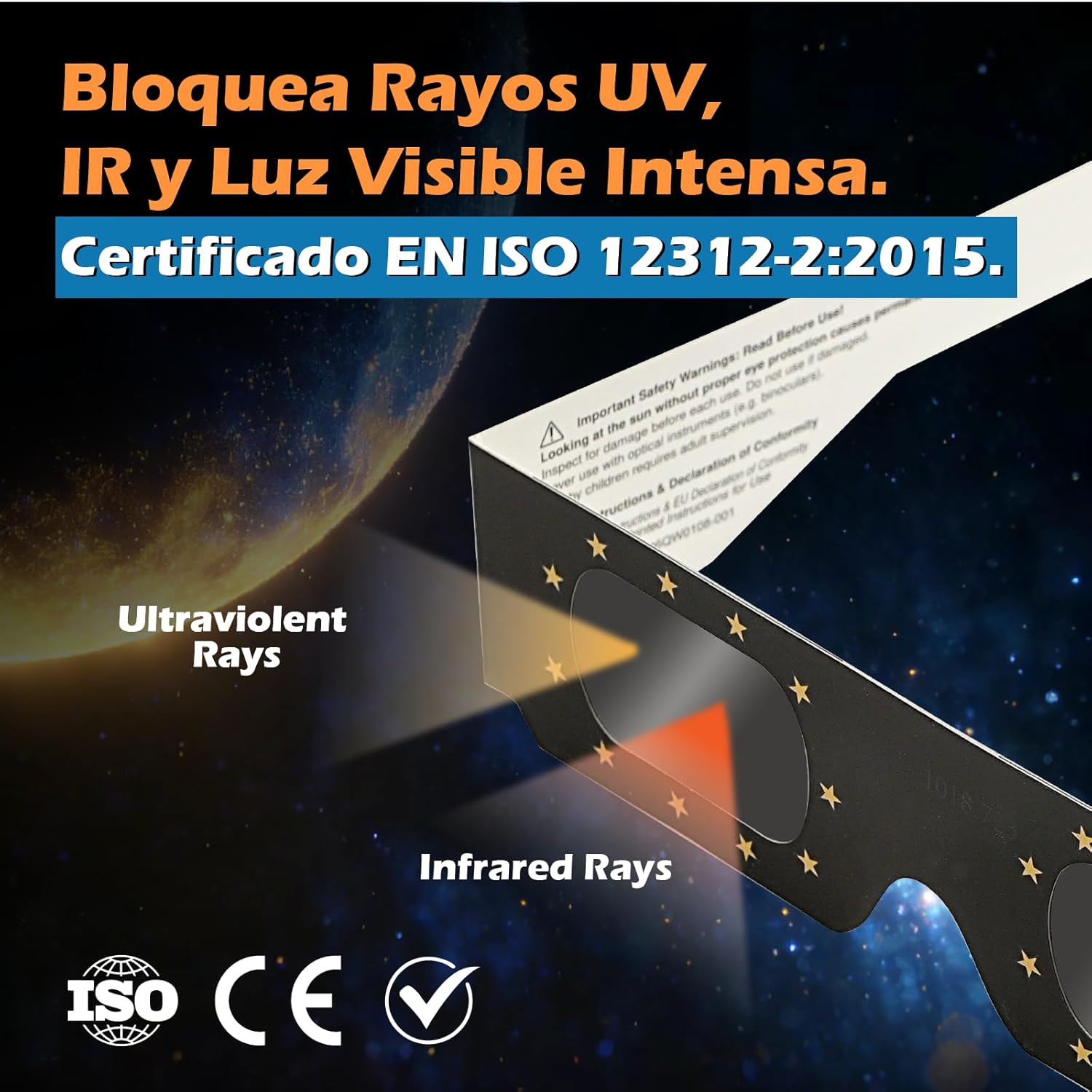 Detalle 2 de QIWEI gafas eclipse solar homologadas QW-SOZ3 (pack de 4) EN ISO 12312-2