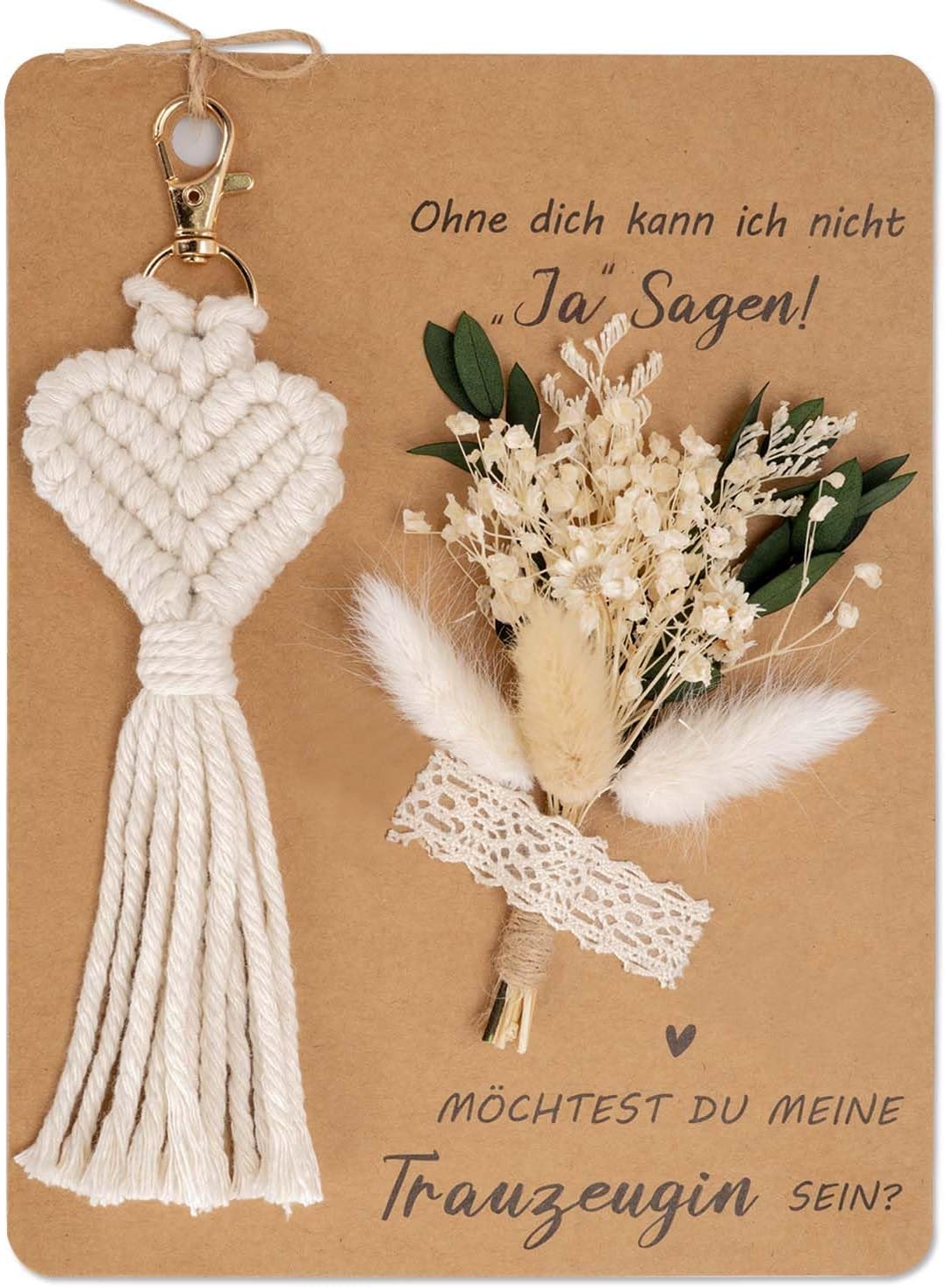 Detalle de KKSJK Trauzeugin Geschenk-Set: Karte, Trockenblumenstrauß & Makramee-Schlüsselanhänger