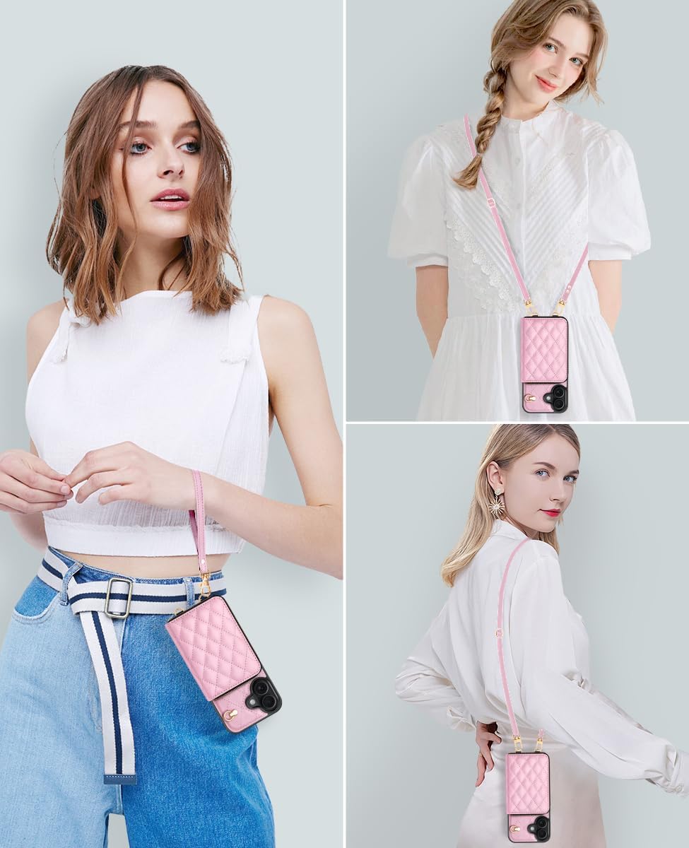 Thumbnail 3 de OCASE Brieftaschen-Hülle für iPhone 17 (6,3 Zoll) mit RFID-Schutz, PU-Leder, Reißverschluss und Trageband – Argyle Rosa