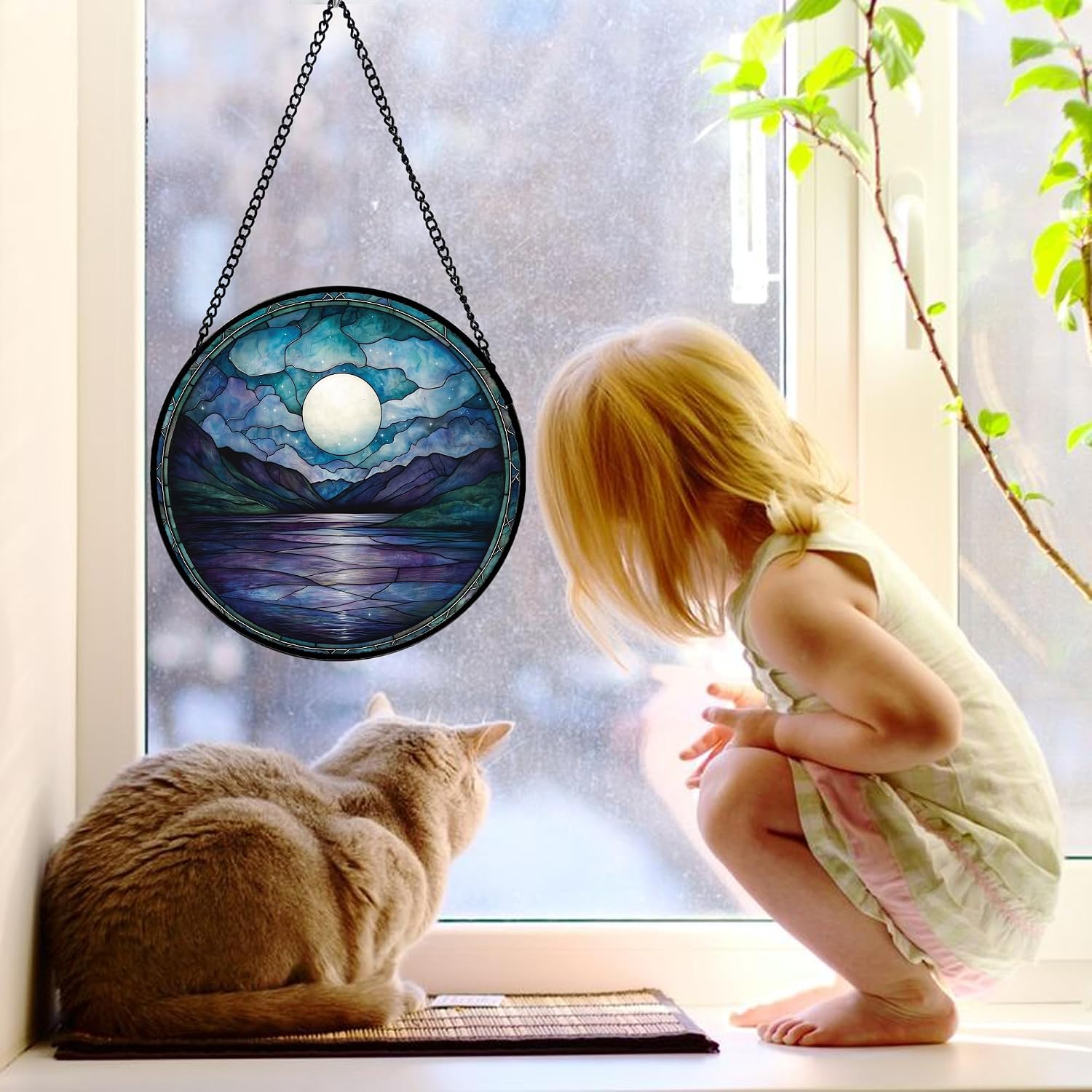 Detalle 2 de Blue Moon Lake stained glass suncatcher 9.8-inch
