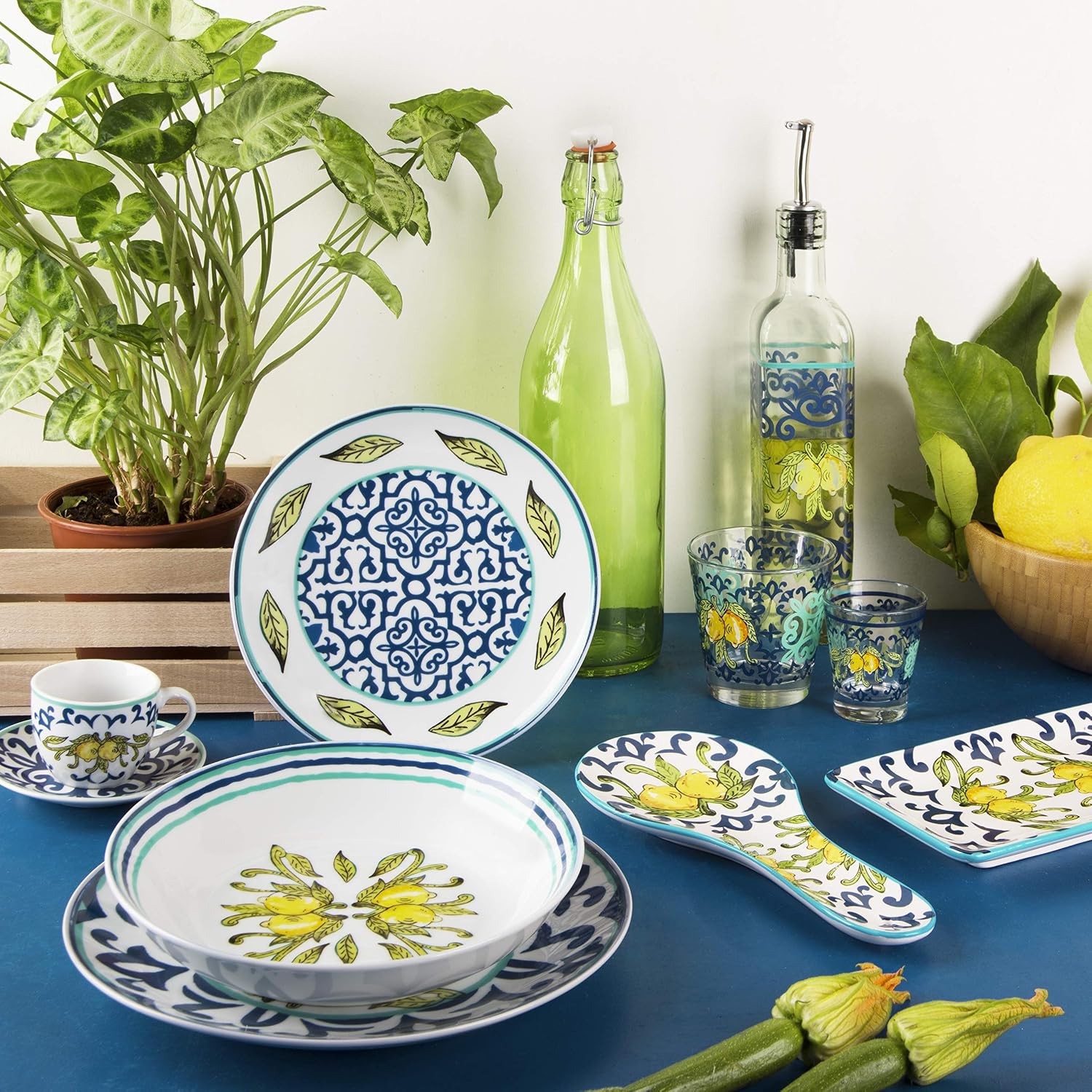 Detalle 1 de Excelsa Amalfi – porcelanowy zestaw obiadowy, 18 sztuk, niebiesko-żółty