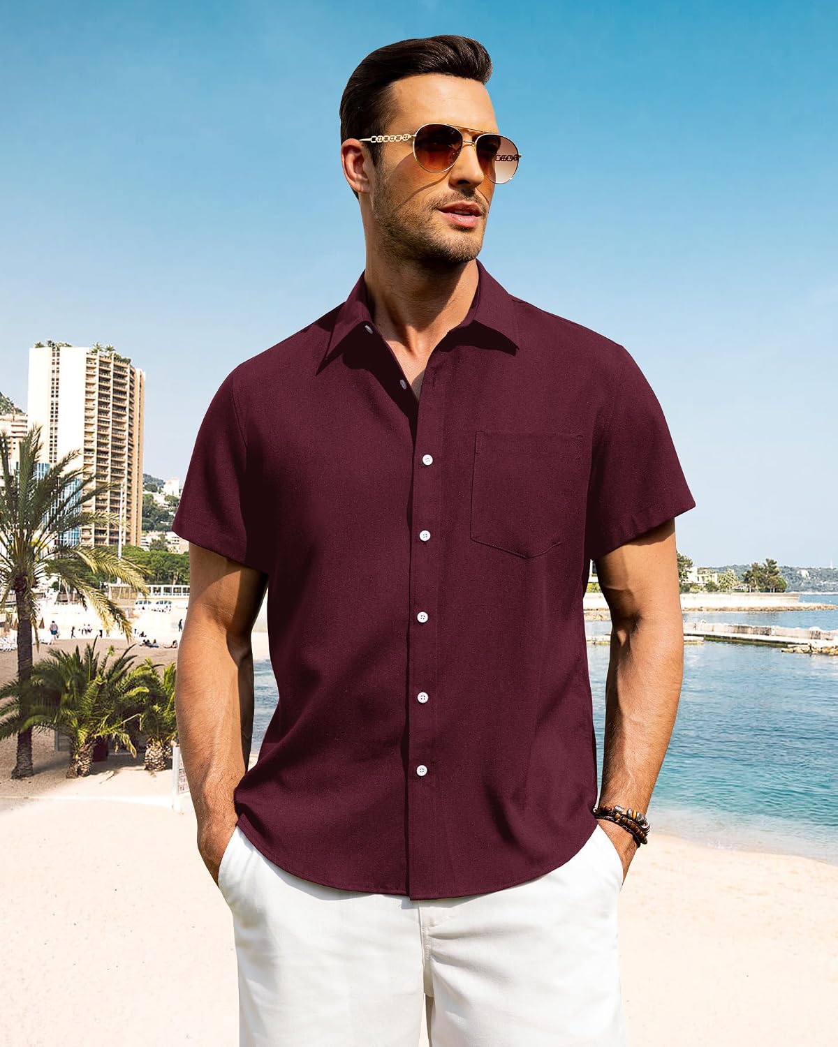 Detalle de J.VER Leinenhemd Herren Kurzarm – Freizeithemd Regular Fit, atmungsaktiv und leicht
