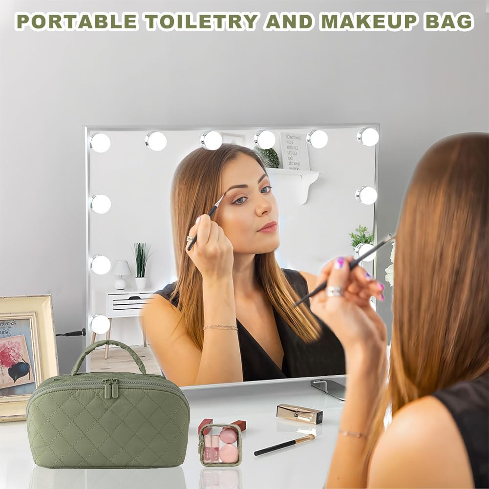 Thumbnail 2 de 2 Set Travel Makeup Bag for Women – Open Flat Lay with Compartments (Green)