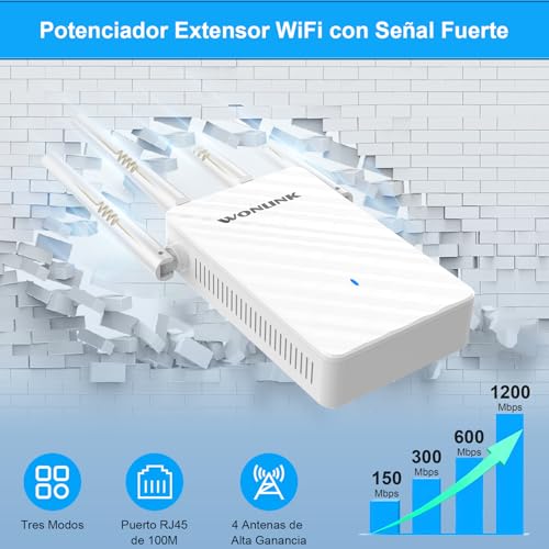 Detalle de WONLINK Repetidor WiFi 1200 Mbps de doble banda (2.4/5 GHz) con 4 antenas y puerto Ethernet