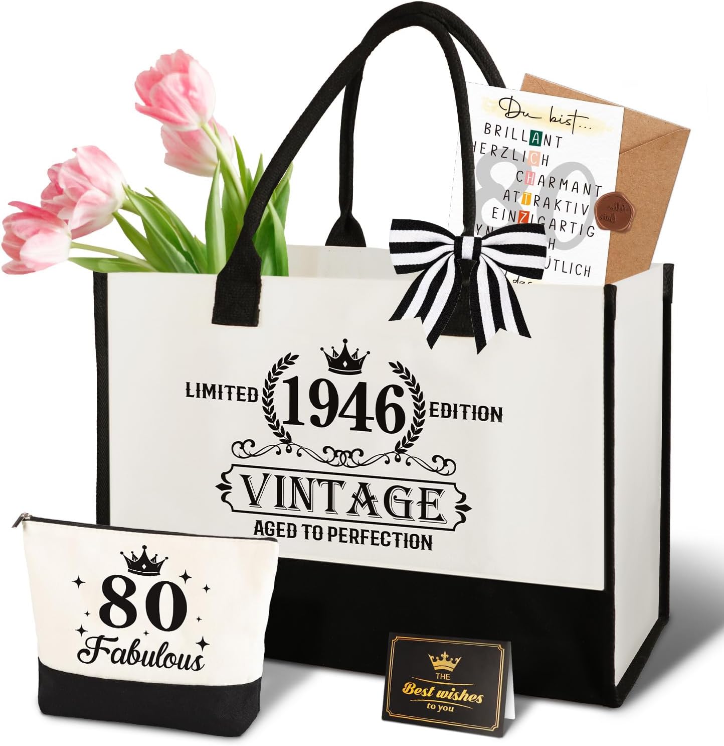 Detalle de Giftota 80. Geburtstag Geschenkset für Frauen: Vintage 1946 Canvas-Tragetasche, Kosmetiktasche & Grußkarte