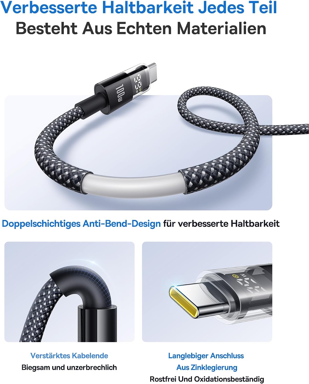 Detalle 2 de Baseus 100W USB-C auf USB-C Kabel mit LED-Display – 1 m, PD Schnellladen