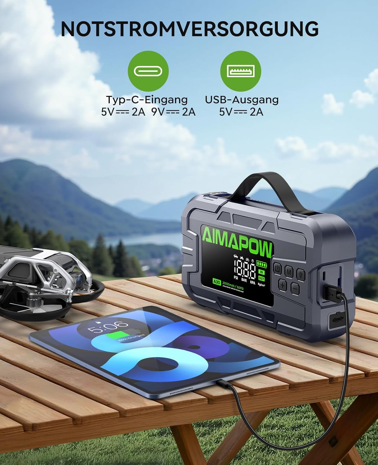 Detalle de AIMAPOW Starthilfe Powerbank 8000 A & 160 PSI mit Kompressor für Pkw