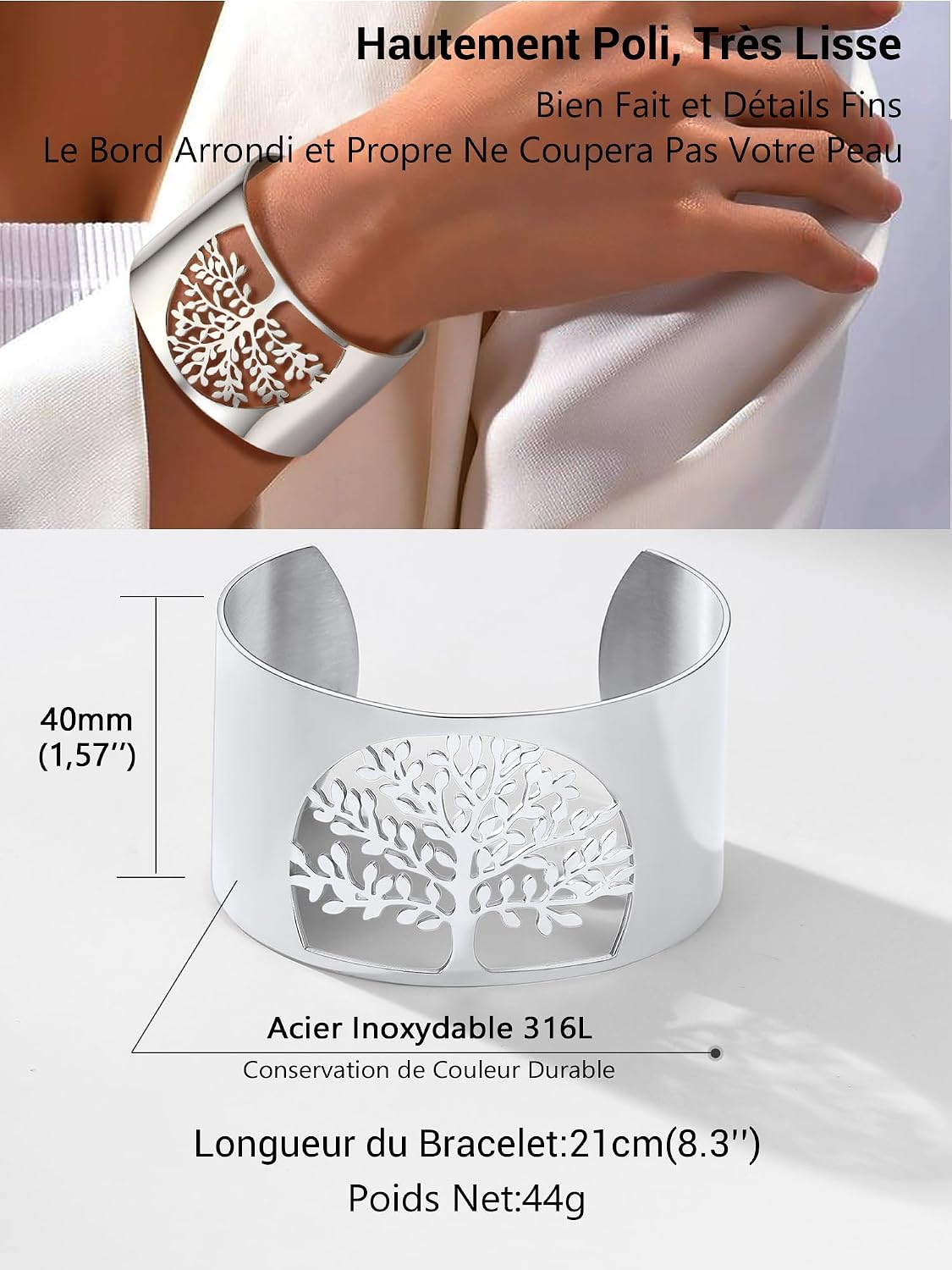 Thumbnail 4 de Bracelet manchette ouvert PROSTEEL en acier 316L avec motif arbre de vie