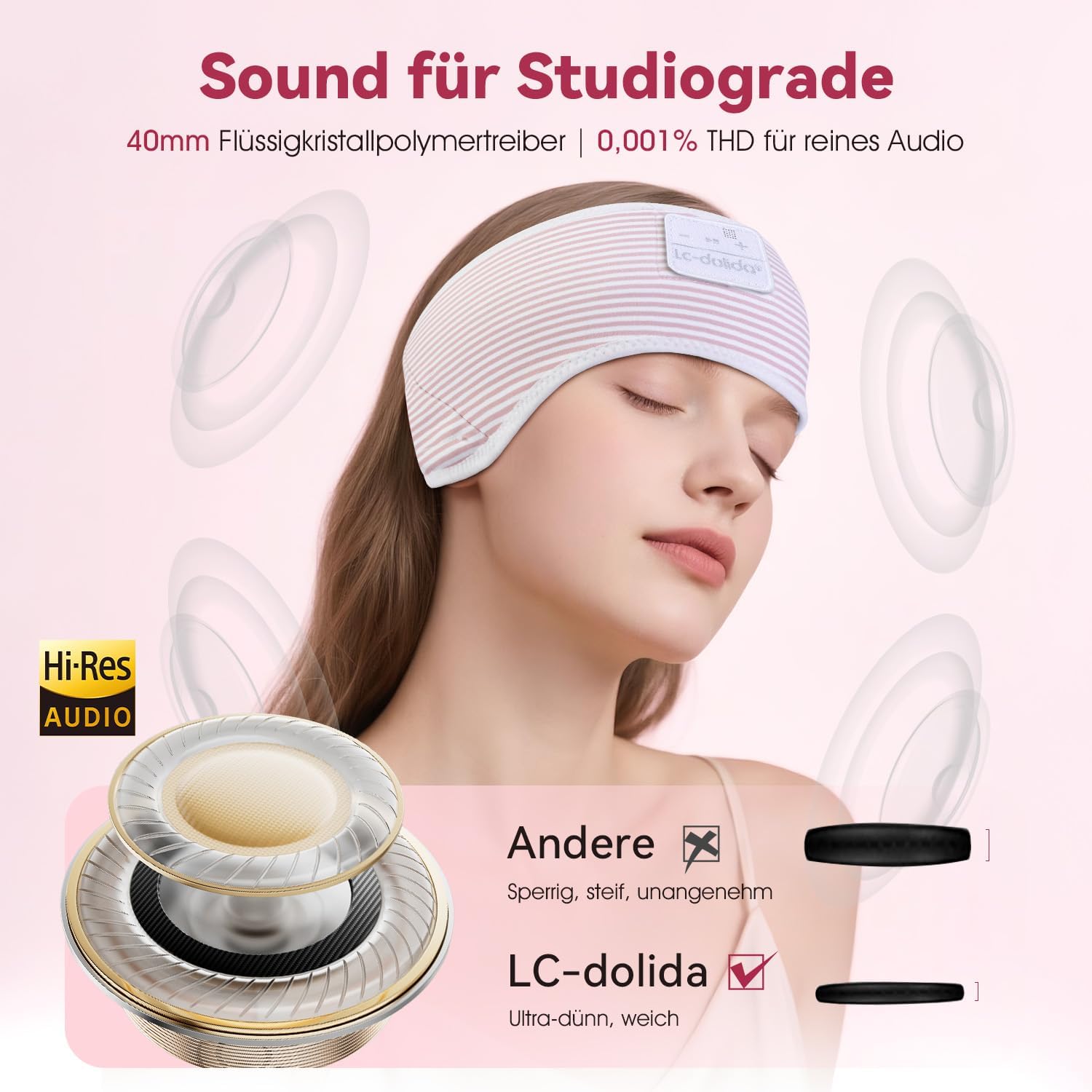 Detalle de LC-dolida Schlafkopfhörer Ultra-Soft Bluetooth-Stirnband: 6-in-1 Komfort für Musik, Schlaf & Fitness