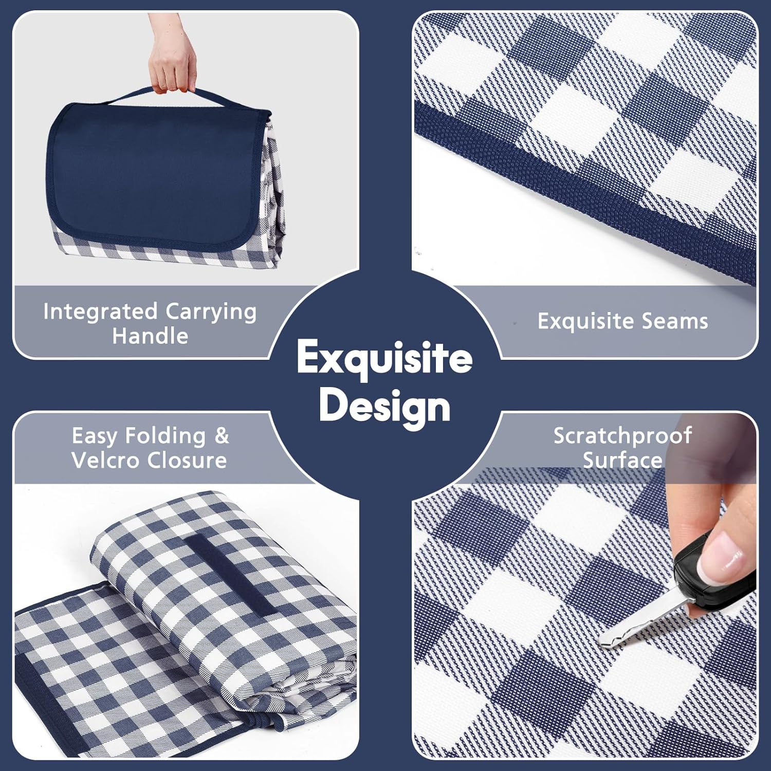 Detalle 2 de Anyiner Picnic Blanket Waterproof 300 x 200 cm (Blue Plaid) – Sand-proof, slip-resistant travel rug