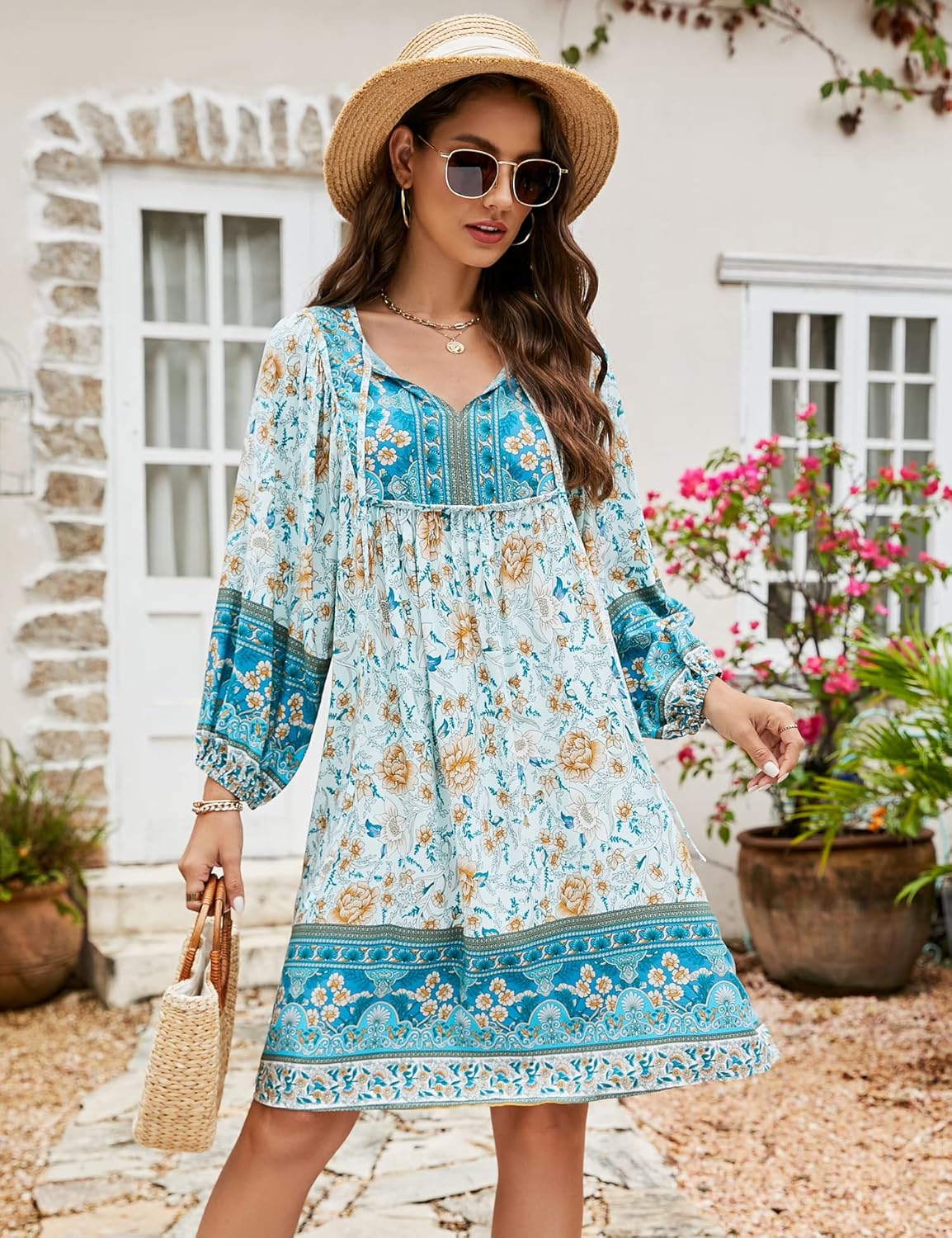 Thumbnail 2 de Bluetime Women Casual Summer Dress Boho V Neck 3/4 Sleeve Babydoll Floral Print Flowy Beach Dress