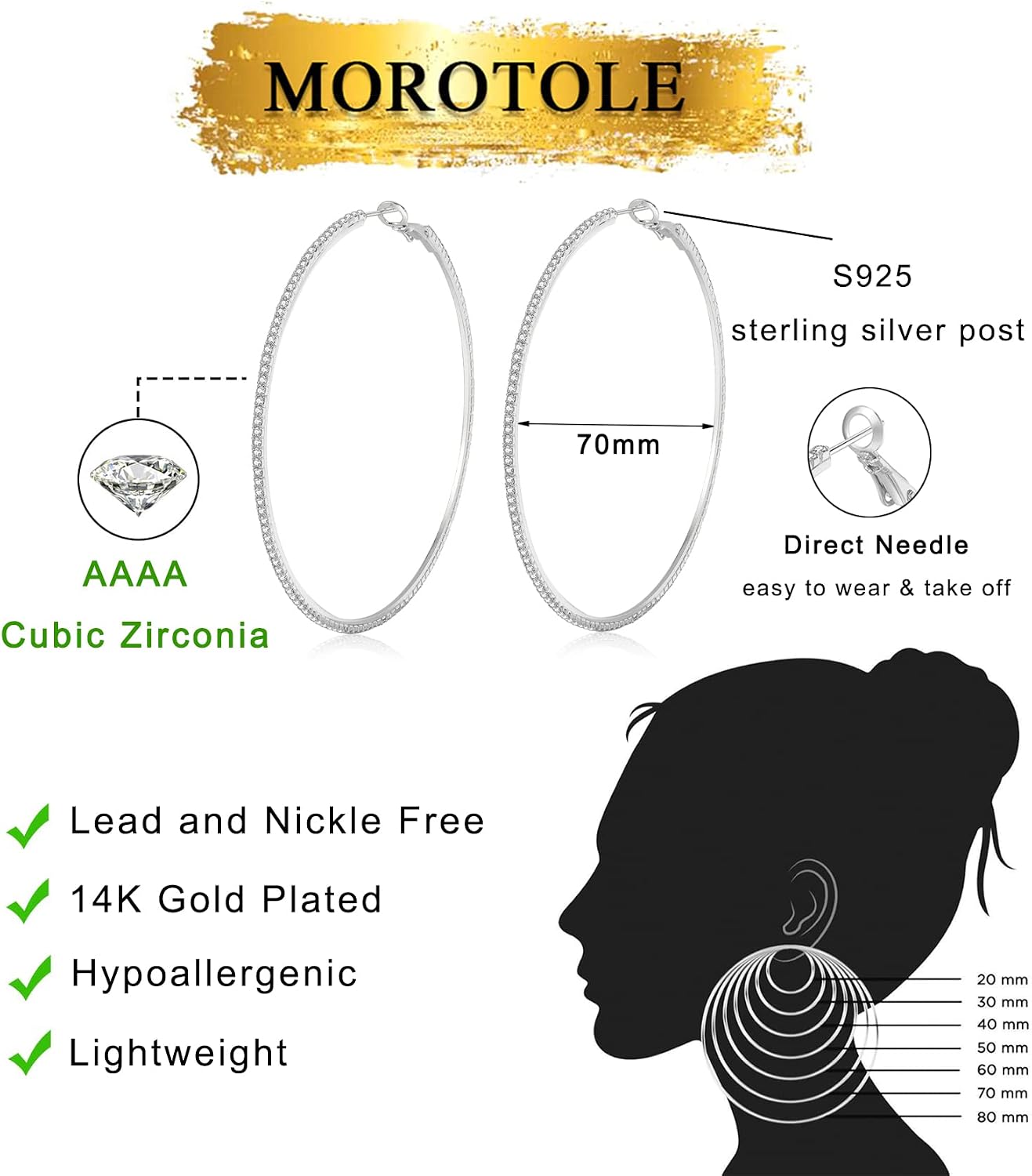 Detalle de MOROTOLE 14K Gold Strass Creolen (20–70 mm) – große Reifen-Ohrringe mit Zirkonia, hypoallergen