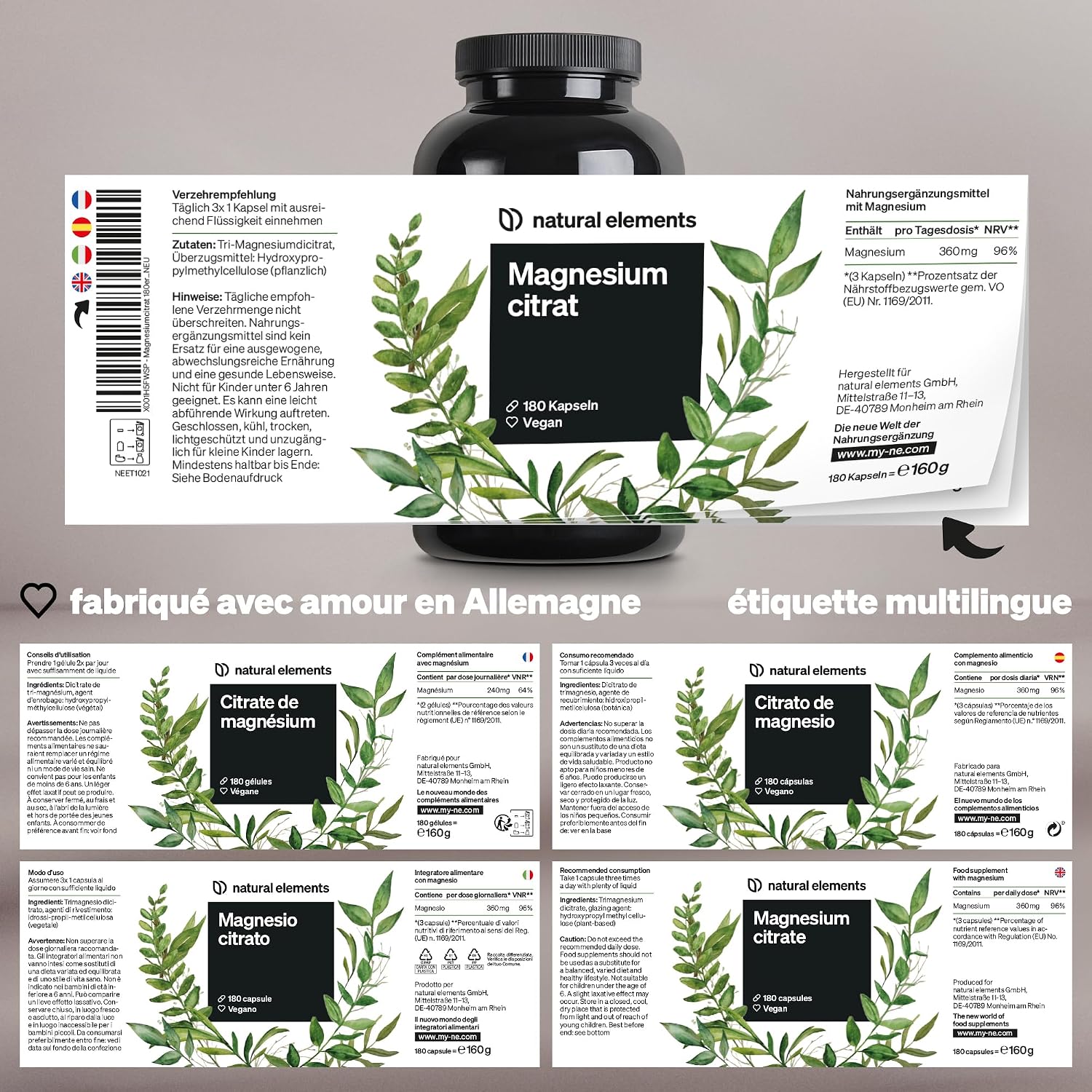 Detalle de Natural Elements Citrate de Magnésium Premium (2320 mg, 360 mg de magnésium élémentaire) – 180 gélules