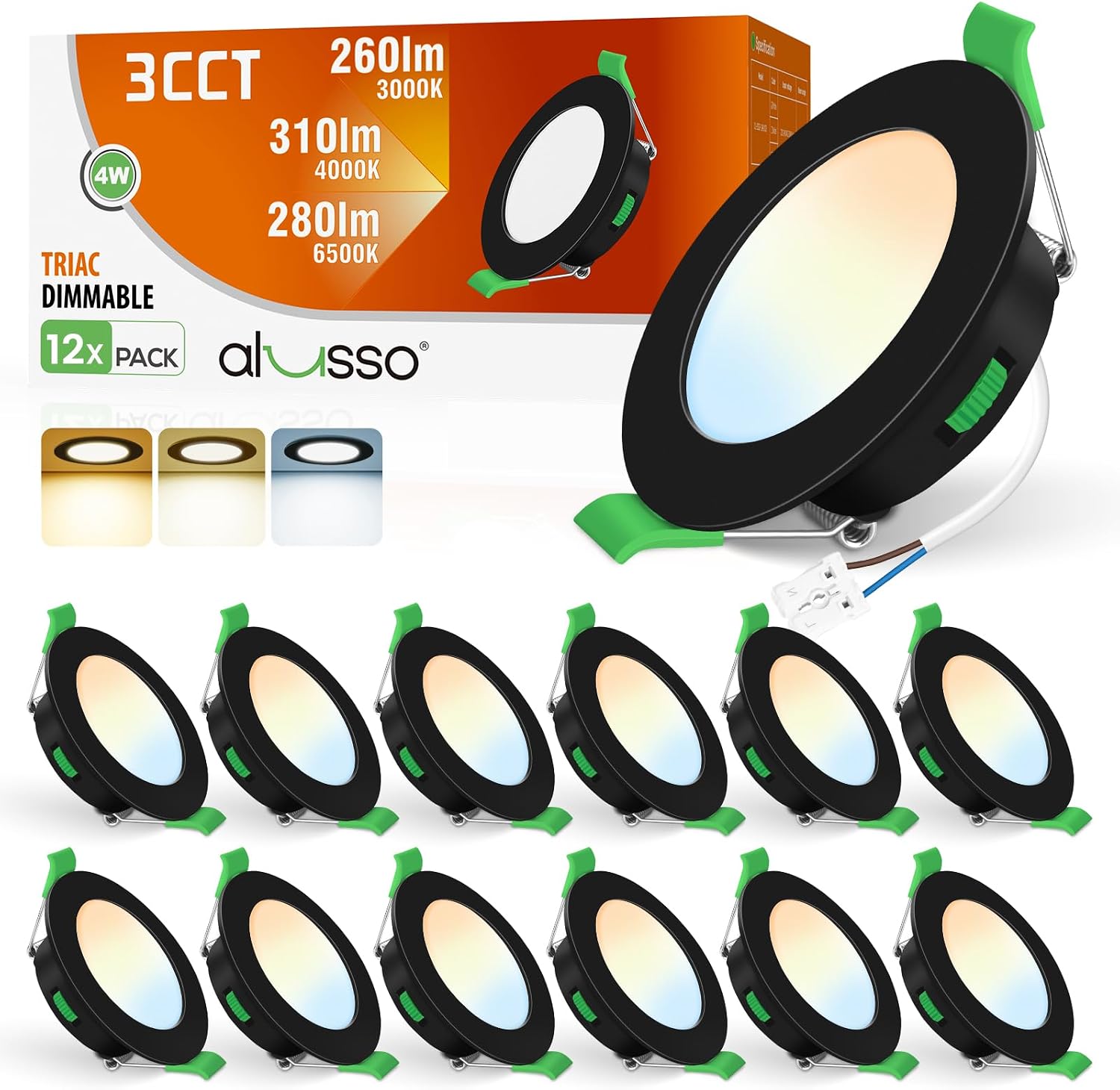 Detalle de ALUSSO LED Einbaustrahler 230V 4W Flach – 12er Set, dimmbar, IP44, 3 Farbtemperaturen
