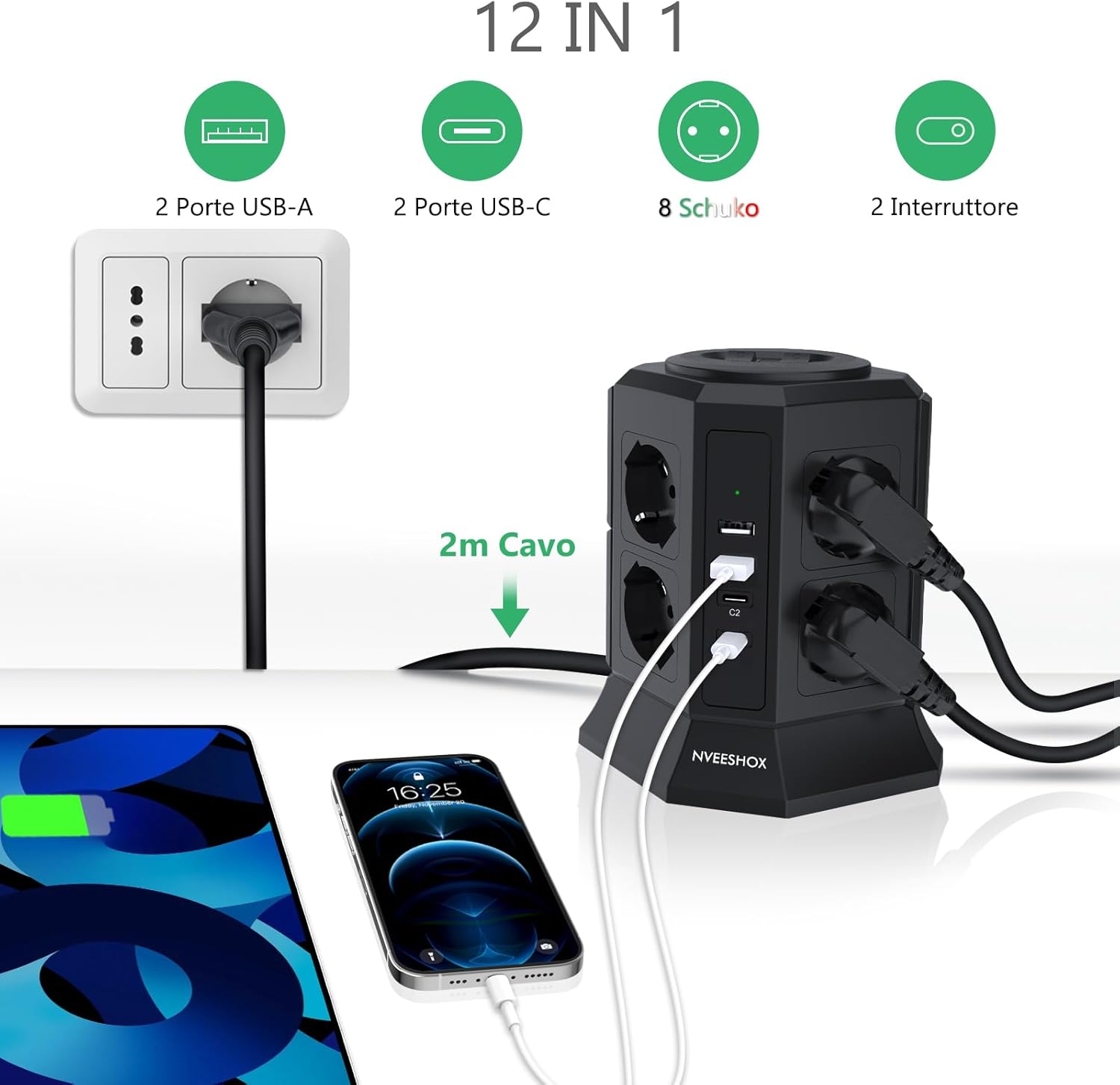Thumbnail 1 de NVEESHOX Ciabatta multipresa verticale “Ciabatta” con 8 prese Schuko, 2 USB-C (PD 20W) e 2 USB-A, cavo 2 m