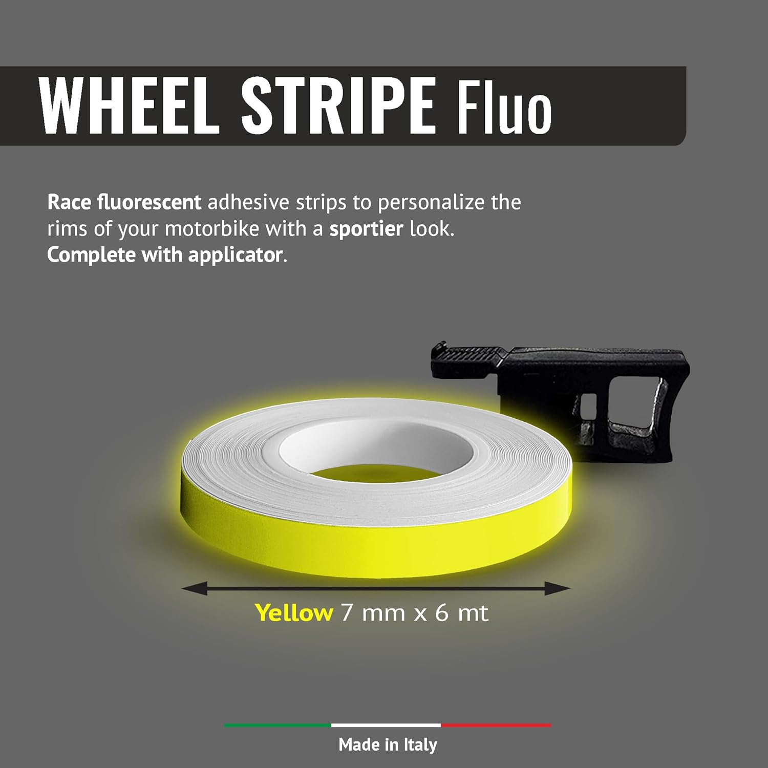 Detalle de Wheel Stripes Strisce Fluorescenti per Cerchi Moto con Applicatore – Giallo 7 mm x 6 mt