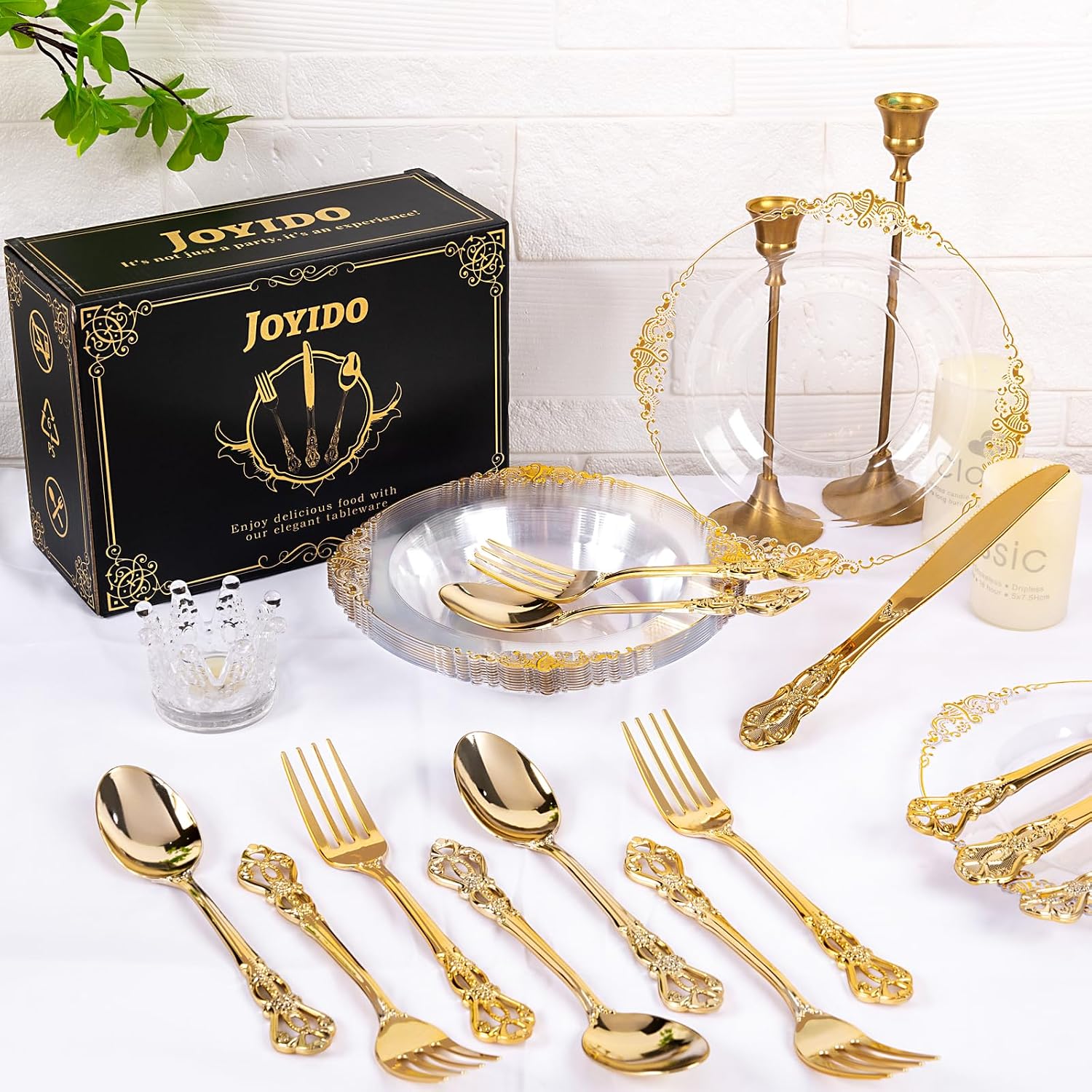 Detalle 2 de Joyido 300Pieces Gold Plastic Silverware Set (100 forks, 100 spoons, 100 knives) – Heavy-Duty, Vintage Gold Disposable Cutlery for Dinner Parties