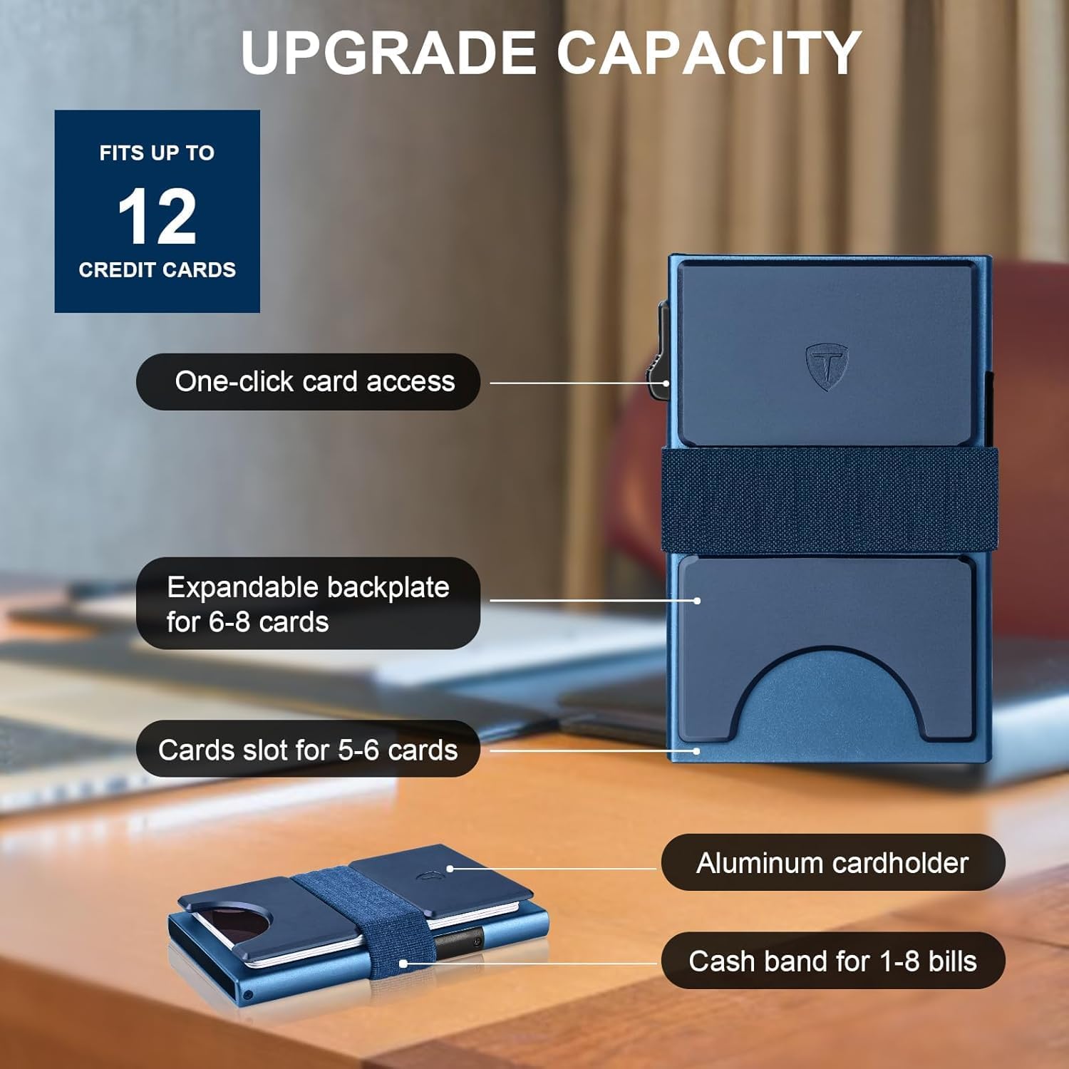 Detalle de TOYFID Pop Up Wallet for 12 Cards - RFID Blocking Aluminium Card Holder in Navy Blue