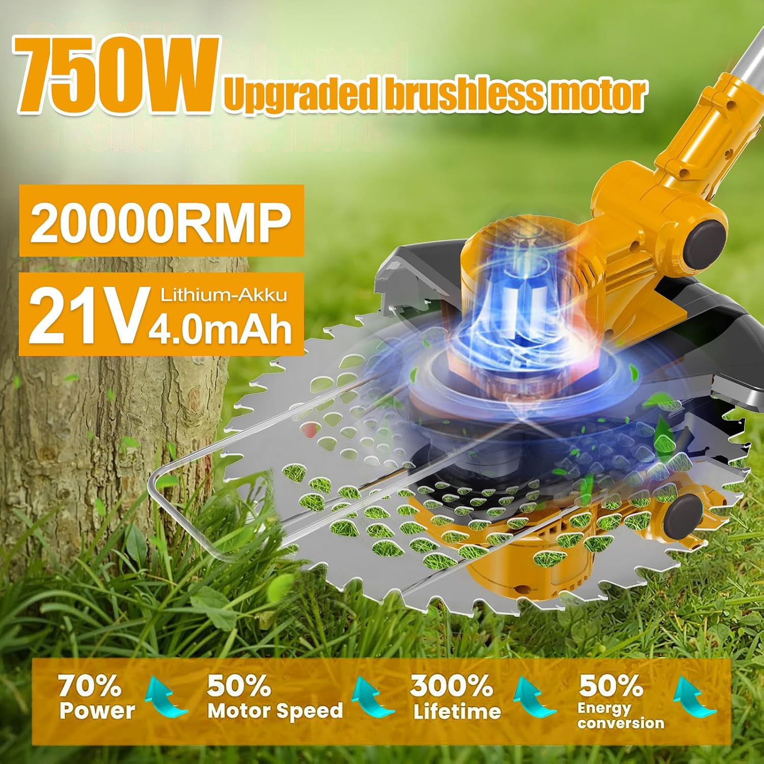 Detalle de Rasentrimmer mit Akku und Unkrautbürste für Makita-Akkus – 4 Klingentypen, LCD-Anzeige, 2x4Ah, 750W