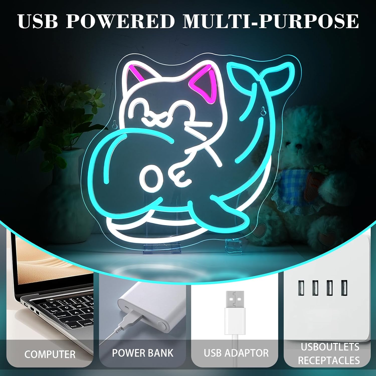 Thumbnail 4 de NOXET Kätzchen & Delphin Neon-Schild mit USB, blauem Nachtlicht für Schlafzimmer und Kinderzimmer