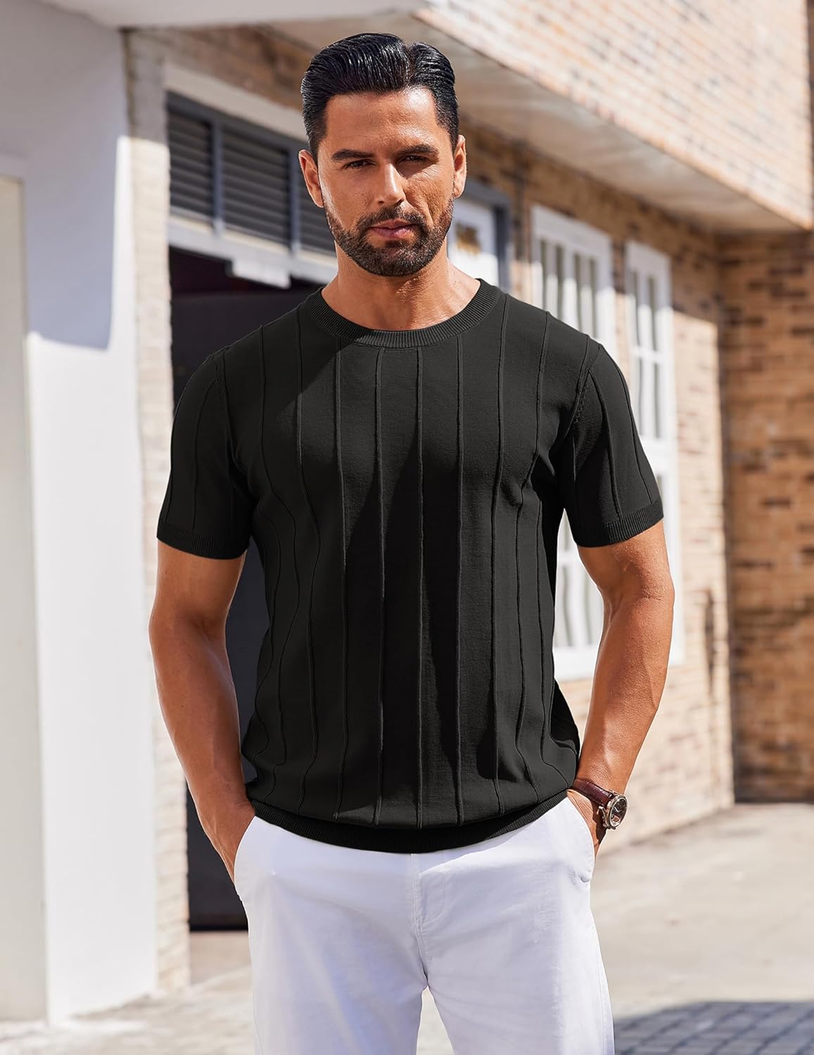 Detalle 2 de COOFANDY Men's Knit T-Shirt: Short Sleeve Crewneck Pullover