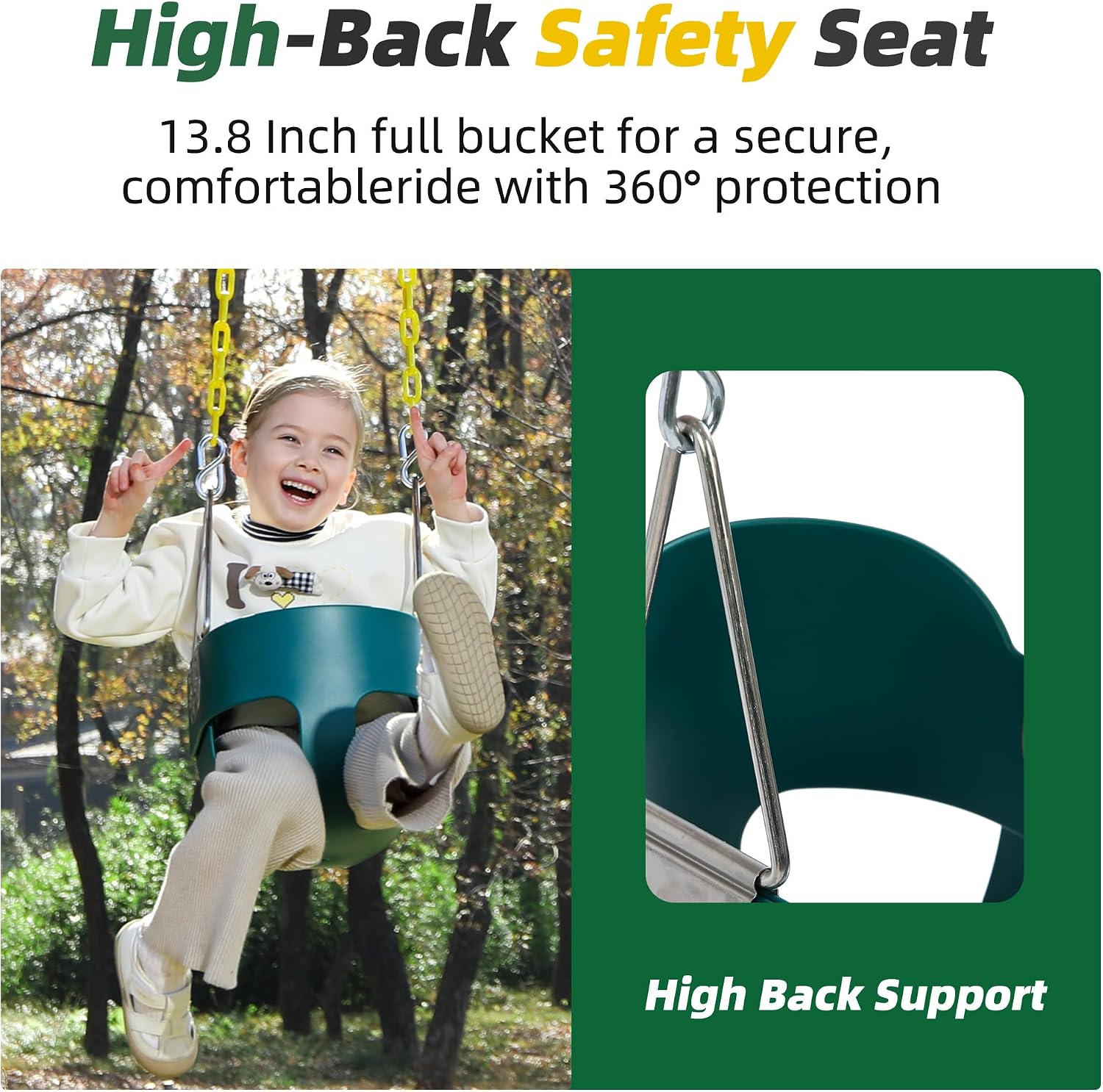 Detalle 2 de High Back Full Bucket Toddler Swing Seat with Yellow Coated Chains (Fully Assembled) — Outdoor Baby Swing Set Accessory