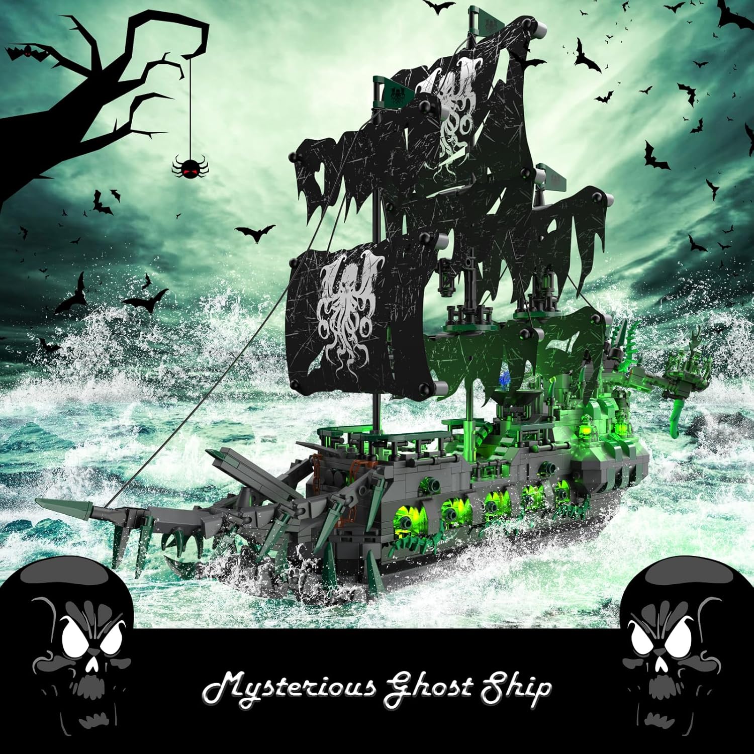 Thumbnail 2 de JMBricklayer Bateau pirate en briques avec lumières LED vertes – modèle 40001 Flying Dutchman