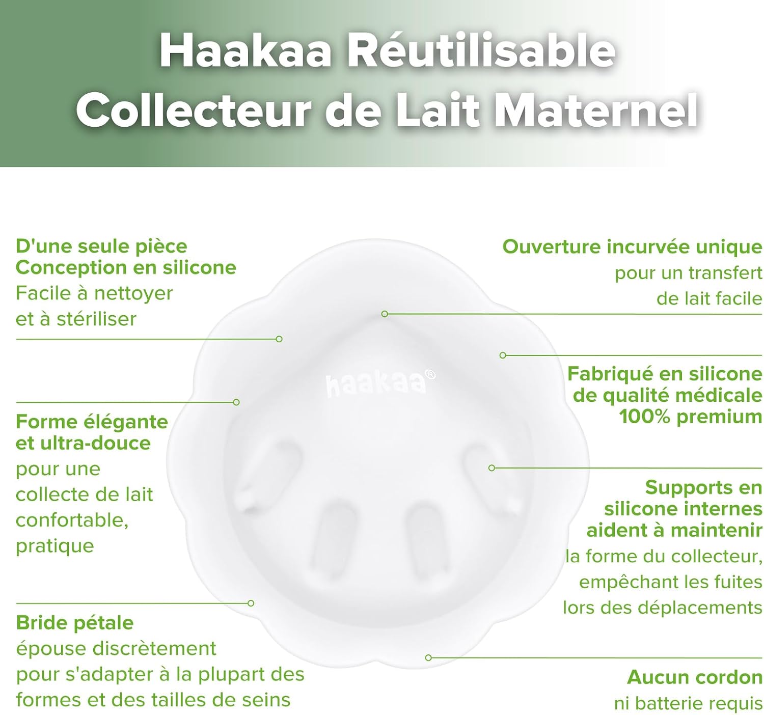 Detalle de haakaa Petal Soft : récipient à lait en silicone souple anti-fuite pour poitrines réutilisables (1 pièce)