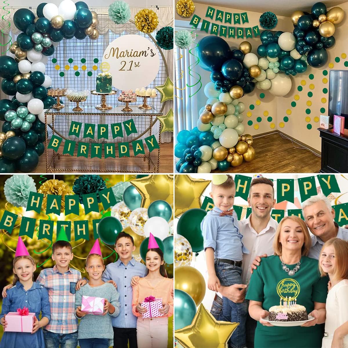 Thumbnail 6 de Geburtstagsdeko Retro Grün Gold Set mit Luftballons, Happy Birthday-Banner & Papiergirlande (55-teilig)