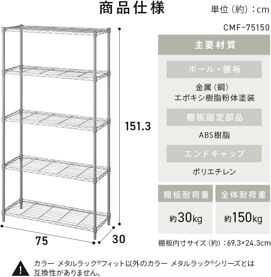 Detalle de アイリスオーヤマ CMFー75150 カラーメタルラックフィット 5段 幅75×奥行30×高さ151cm マットブラック