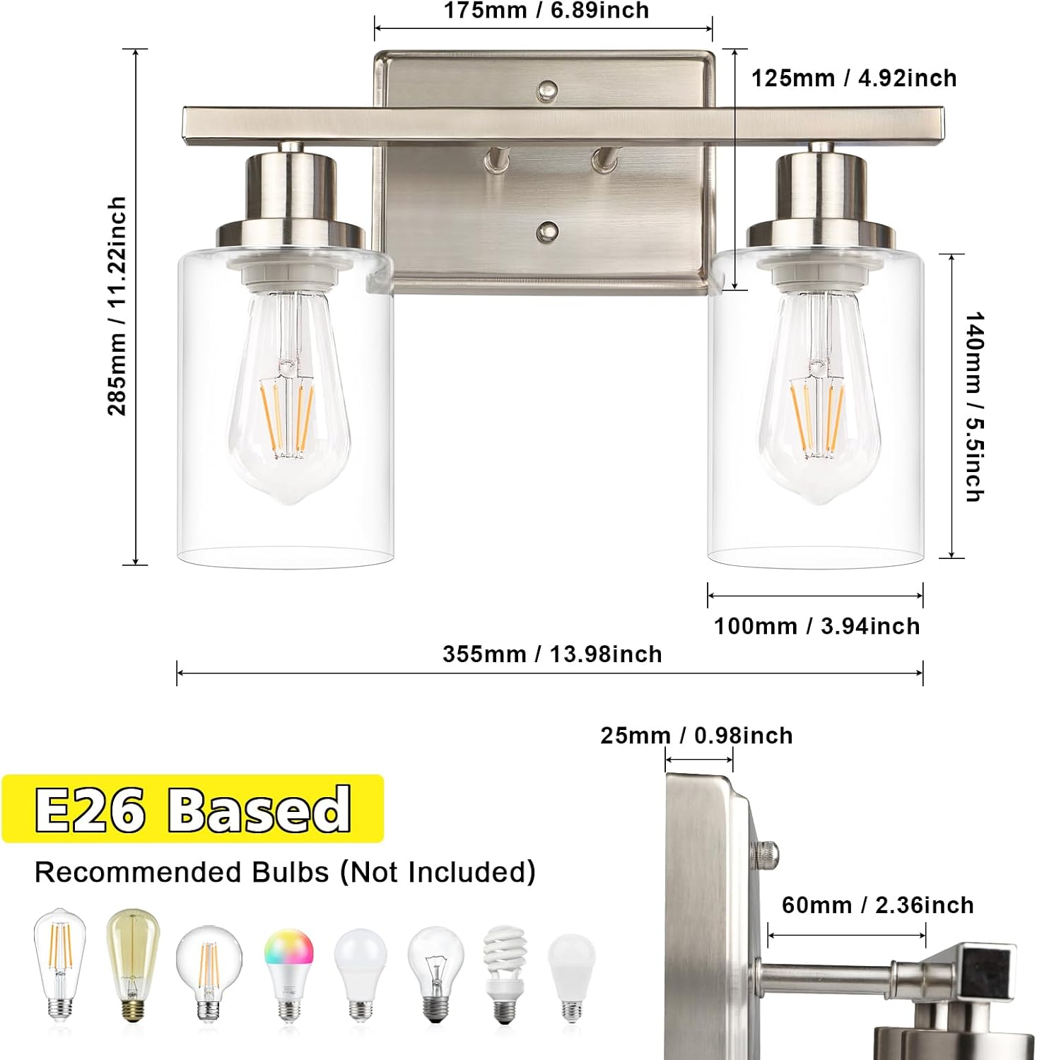 Detalle de Ascher RJ-WR03 2-Light Wall Sconce with Clear Glass and Brushed Nickel