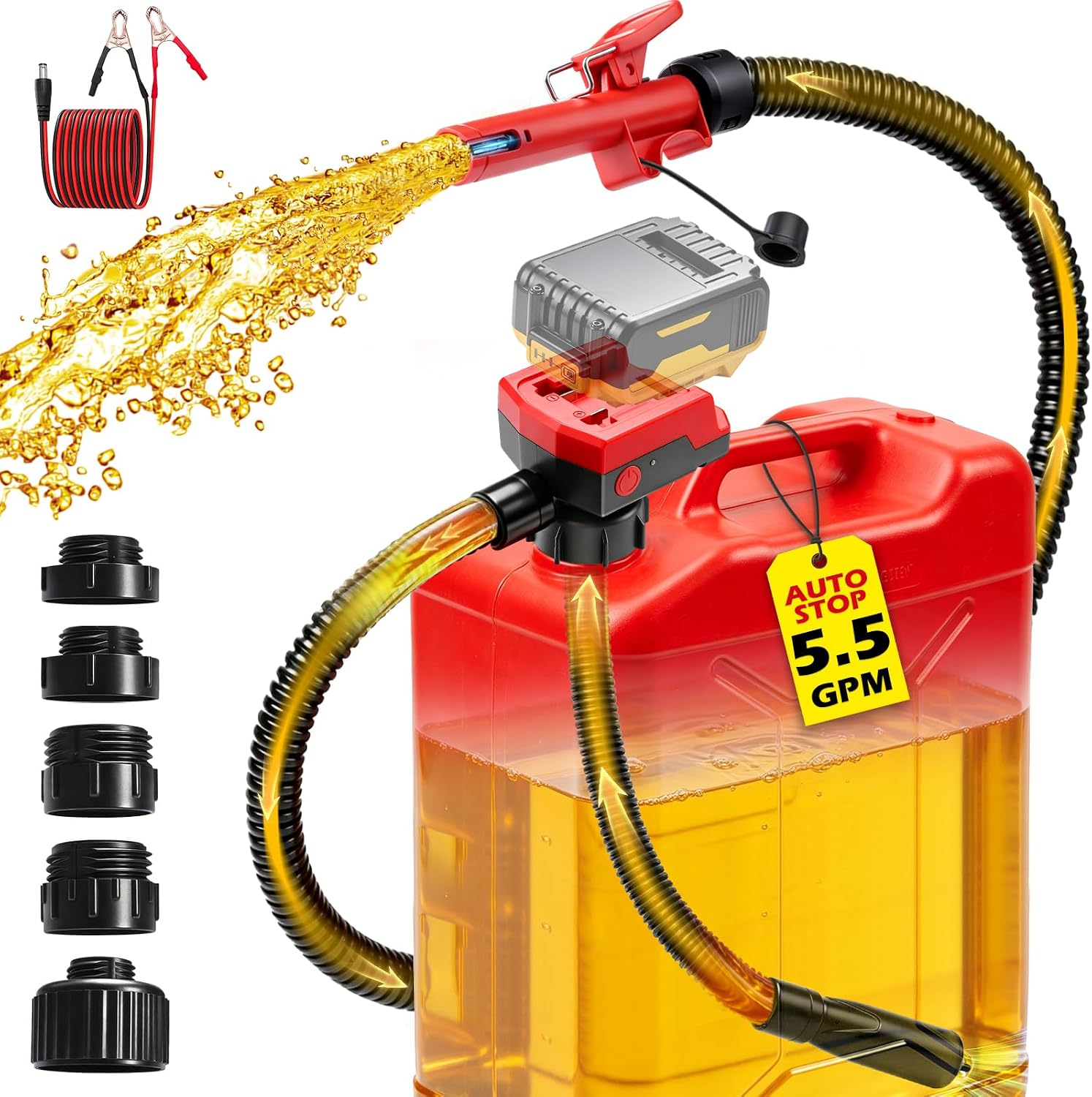 Detalle de 5.5 GPM Cordless Fuel Transfer Pump with Auto Shut-Off & Beep Alert — DeWalt 20V / Milwaukee 18V Compatible, 57" Hose, 5 Adapters (Bare Tool)