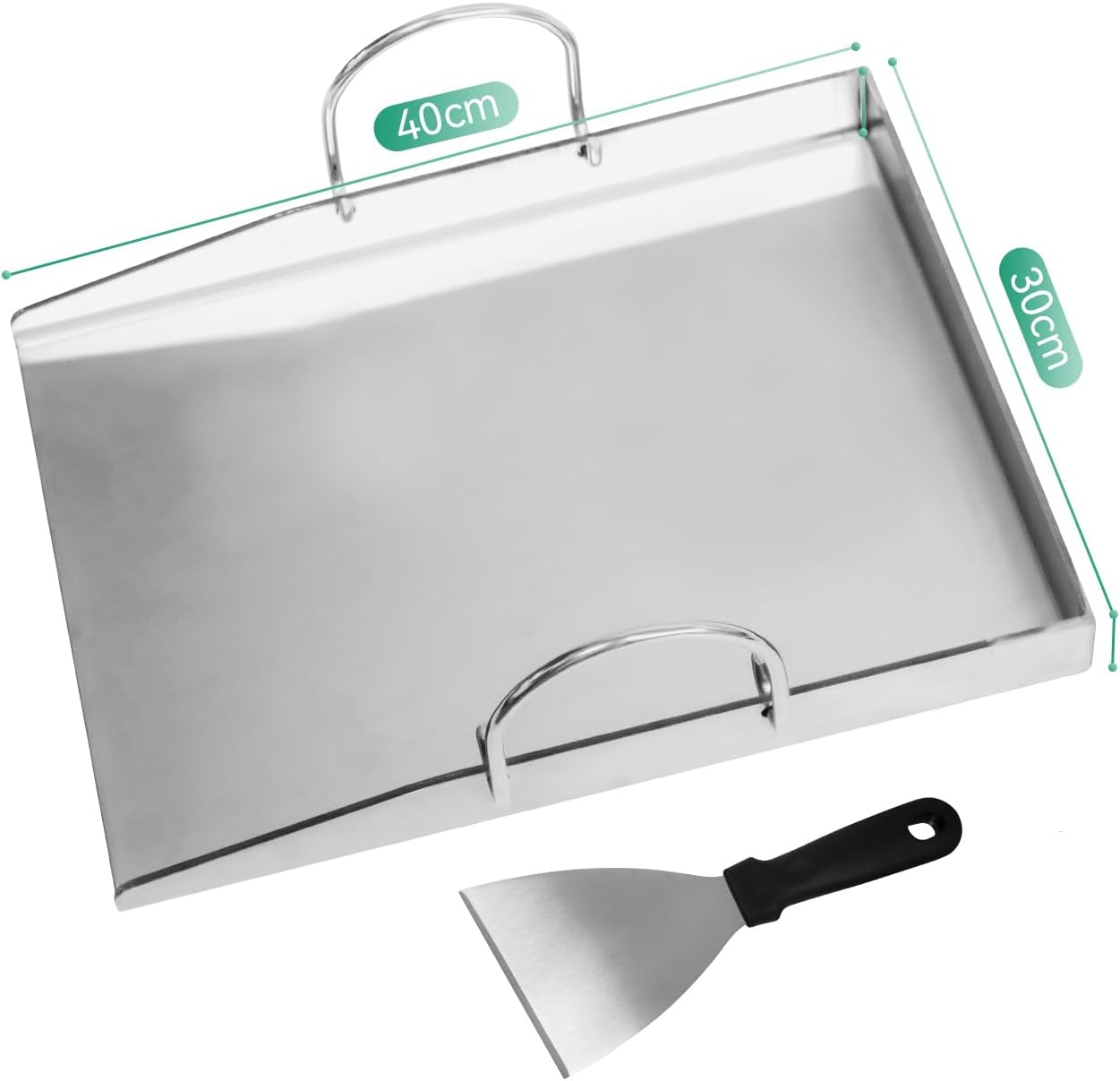 Detalle de COGRICHBF Universelle Edelstahl Plancha Grillplatte mit 2 Grillspachteln – 40 x 30 cm, 4 mm Stärke
