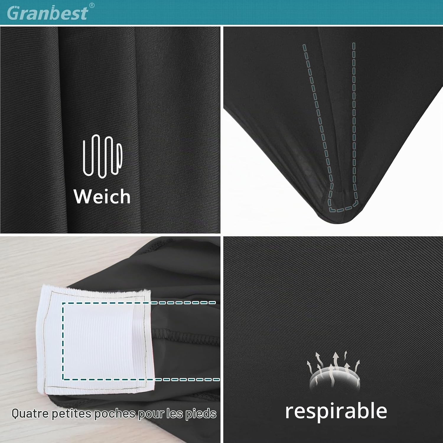Detalle 2 de Granbest set van 2 statafelhoezen, zwart elastaan-polyester, Ø 80-85 cm