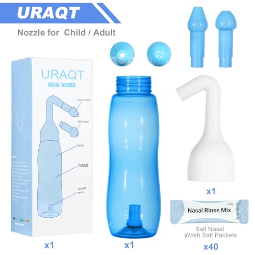 Thumbnail 1 de URAQT Lavado Nasal Adulto: Irrigador de 240 ml con 2 boquillas, Neti Pot con sal y termómetro pegatina