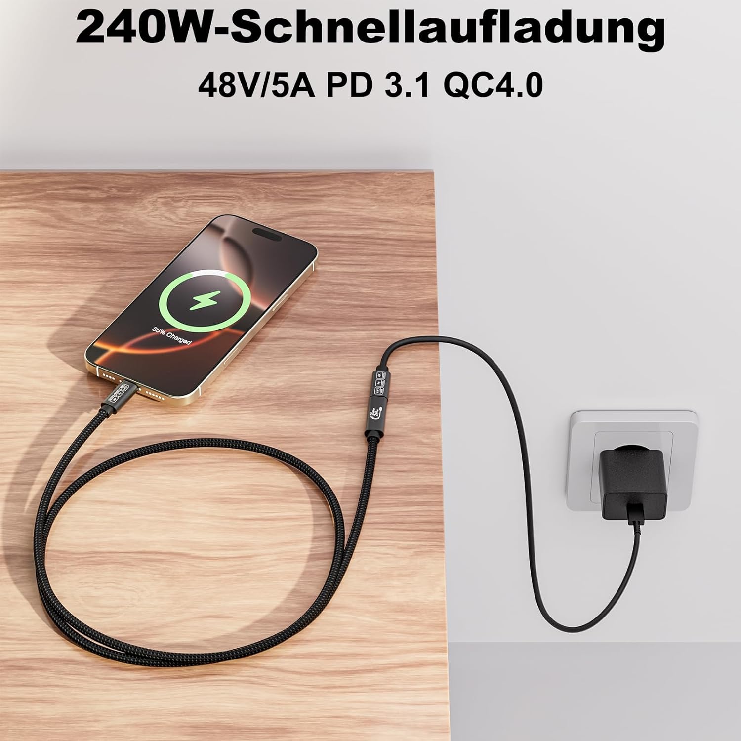 Detalle 2 de EUDOBEL USB-C Verlängerungskabel 5 m – 20 Gbit/s, 240 W PD3.1, 5K@60Hz / 4K@144Hz, Thunderbolt 4 kompatibel