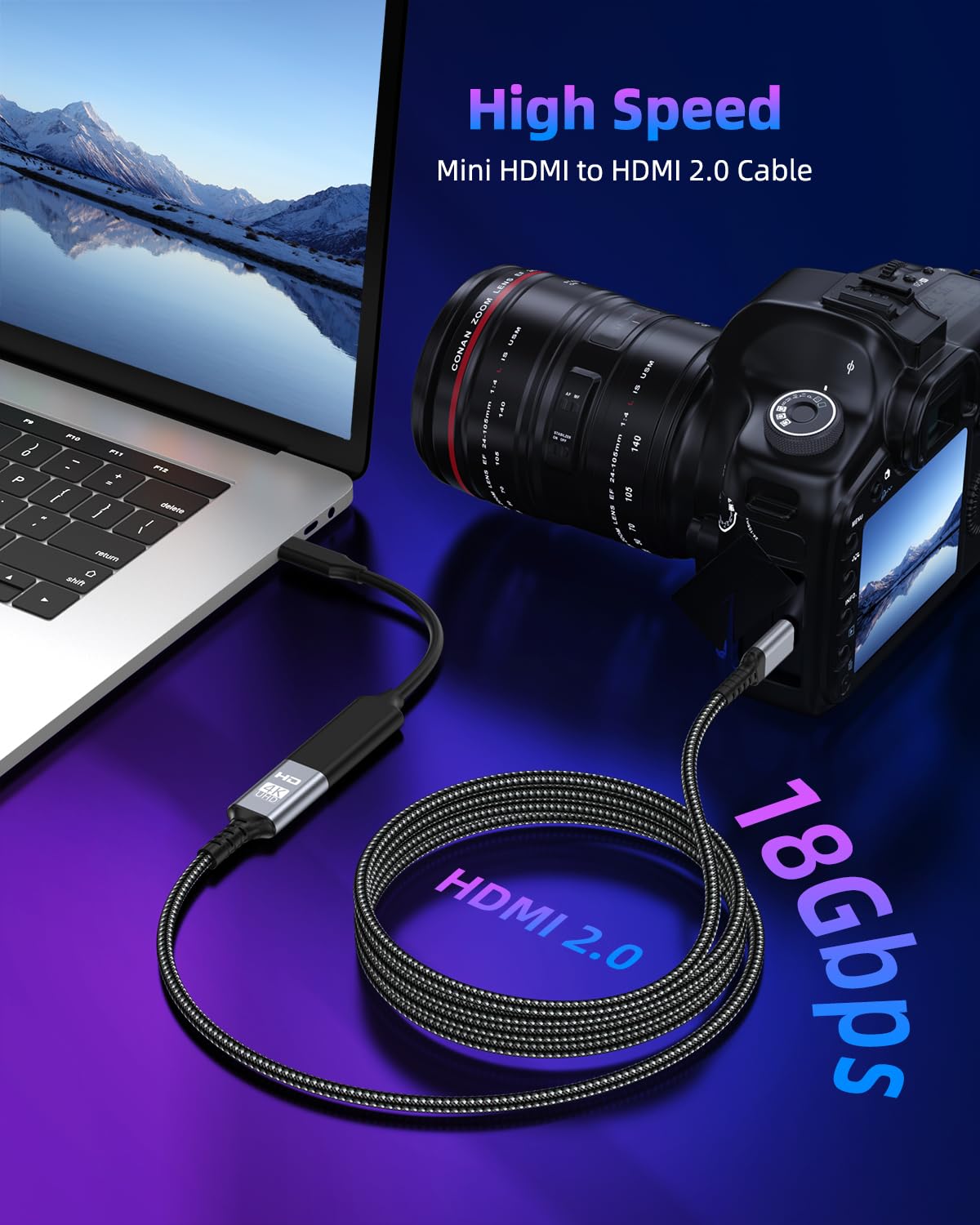 Thumbnail 5 de ZEENVIC Mini HDMI to HDMI Cable (3M) — 4K@60Hz / 2K@120Hz for Raspberry Pi Zero and Mini HDMI devices