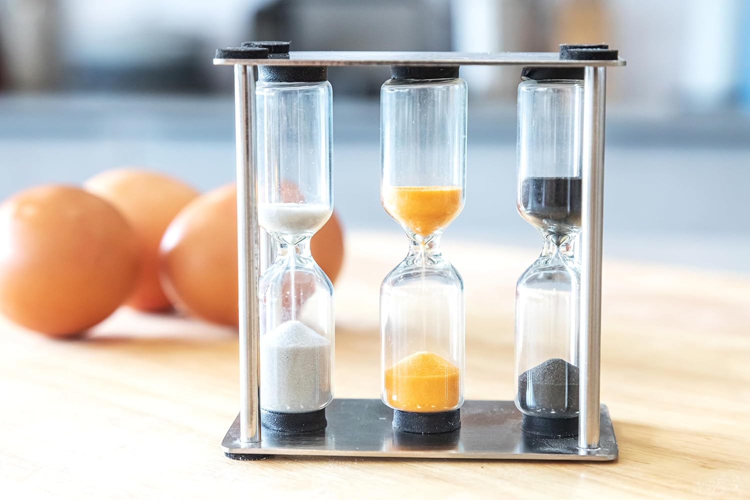 Detalle 2 de MasterClass drievoudige eierwekker van roestvrij staal met drie zandlopers