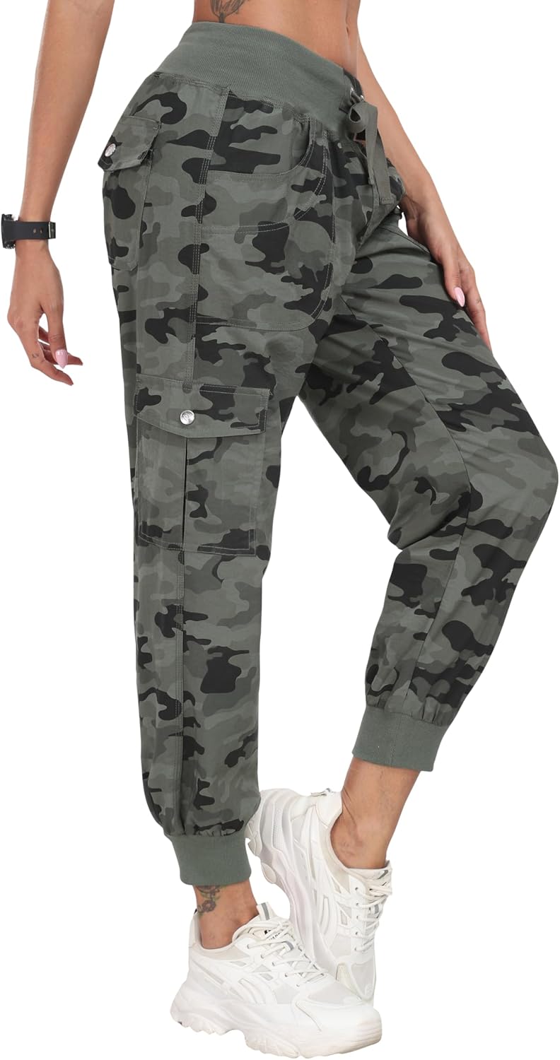 Detalle de JINSHI Damen-Cargohose „Lange Capri“ High Waist mit Kordelzug – atmungsaktiv, leicht und mit Cargo-Taschen