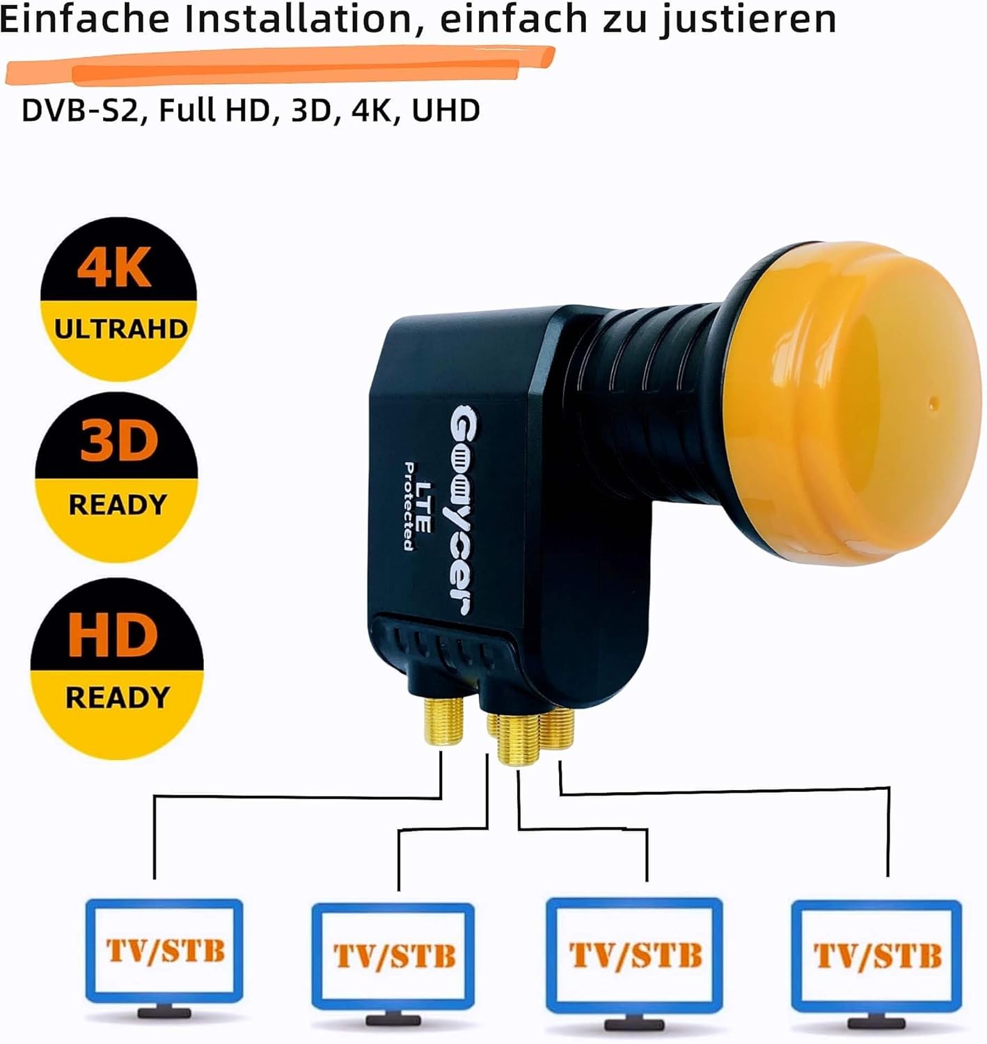 Thumbnail 2 de Goaycer Quad LNB 4-fach Digital HD 4K mit LTE-Filter (goldener Stecker, Wetterschutz, 3D)