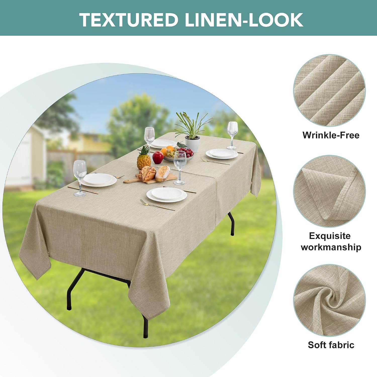 Detalle 2 de LUSHVIDA Outdoor Tablecloth with Umbrella Hole (60x84 Inches) — Linen-Look, Water-Resistant Polyester