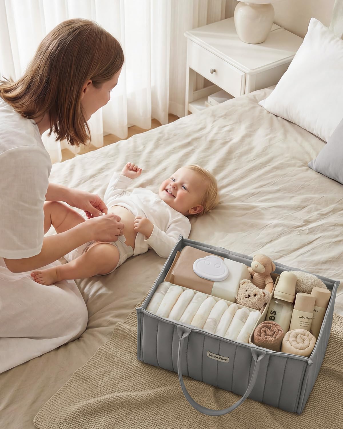Detalle 2 de Blissful Diary SNB-01 Baby Diaper Caddy, Light Gray Polyester with Removable Dividers