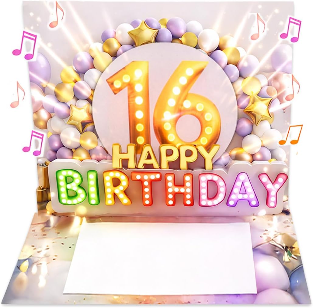 Joli Coon Biglietto Auguri 16 Anni Ragazza – biglietto 3D pop up con musica e luce, busta e sigillo