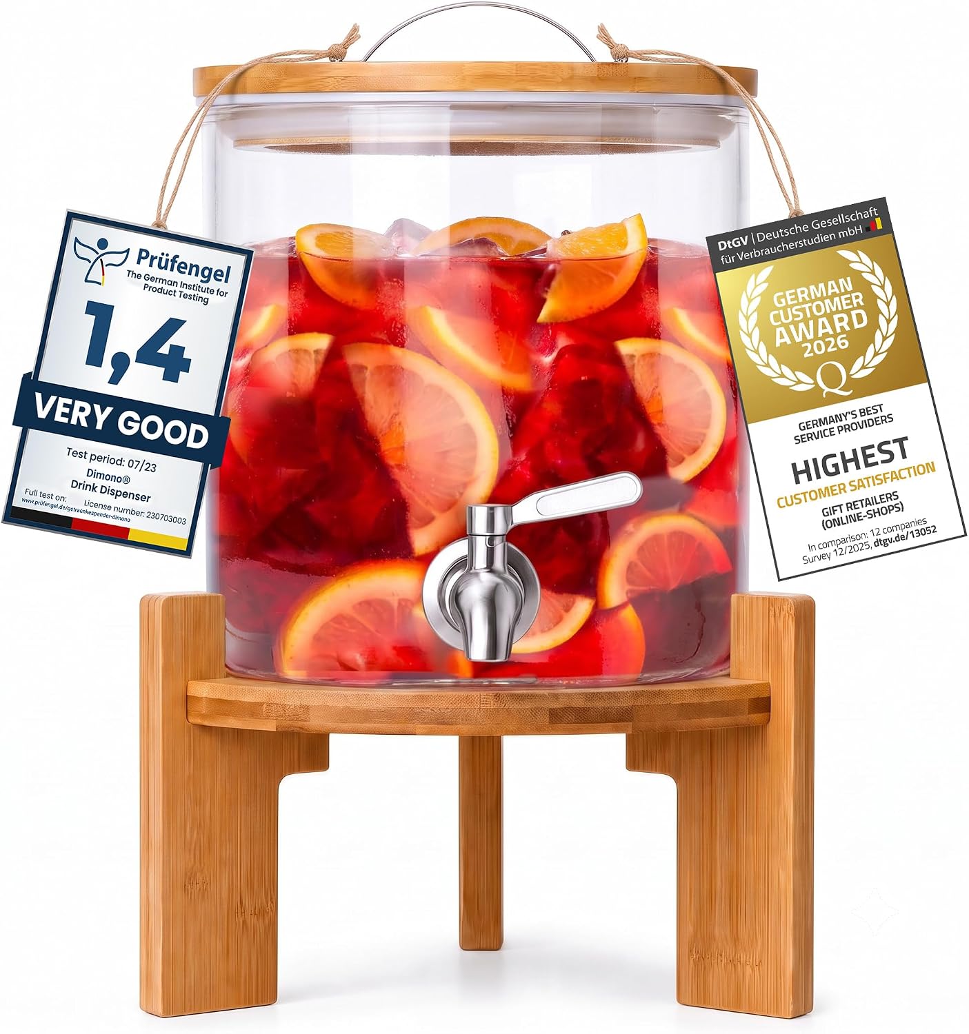 Detalle de Dimono 182 5 L Glass Drink Dispenser with Tap, Bamboo Stand and Lid