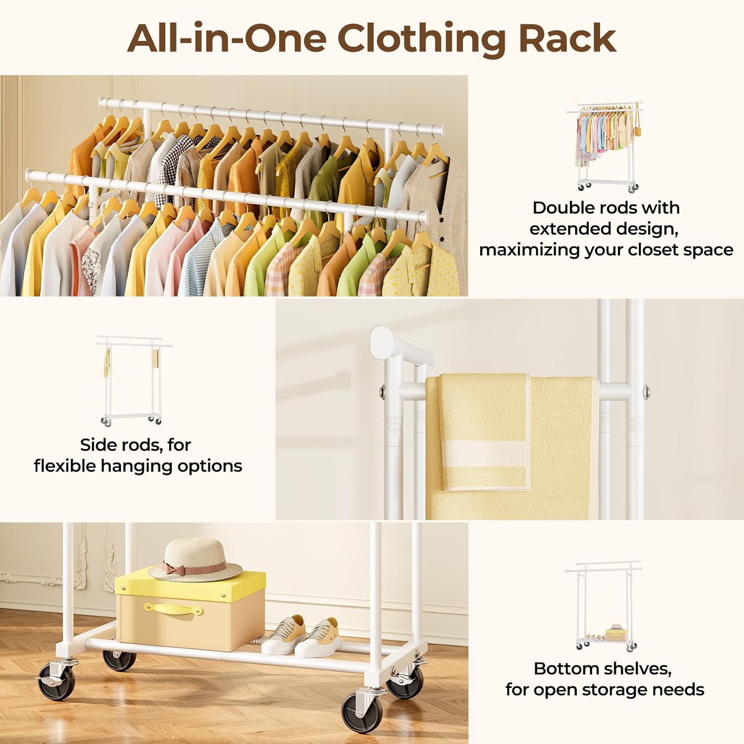 Detalle 2 de HYSEYY Double Rods Clothes Rack, Metal Rolling Rack with Storage Shelf, White